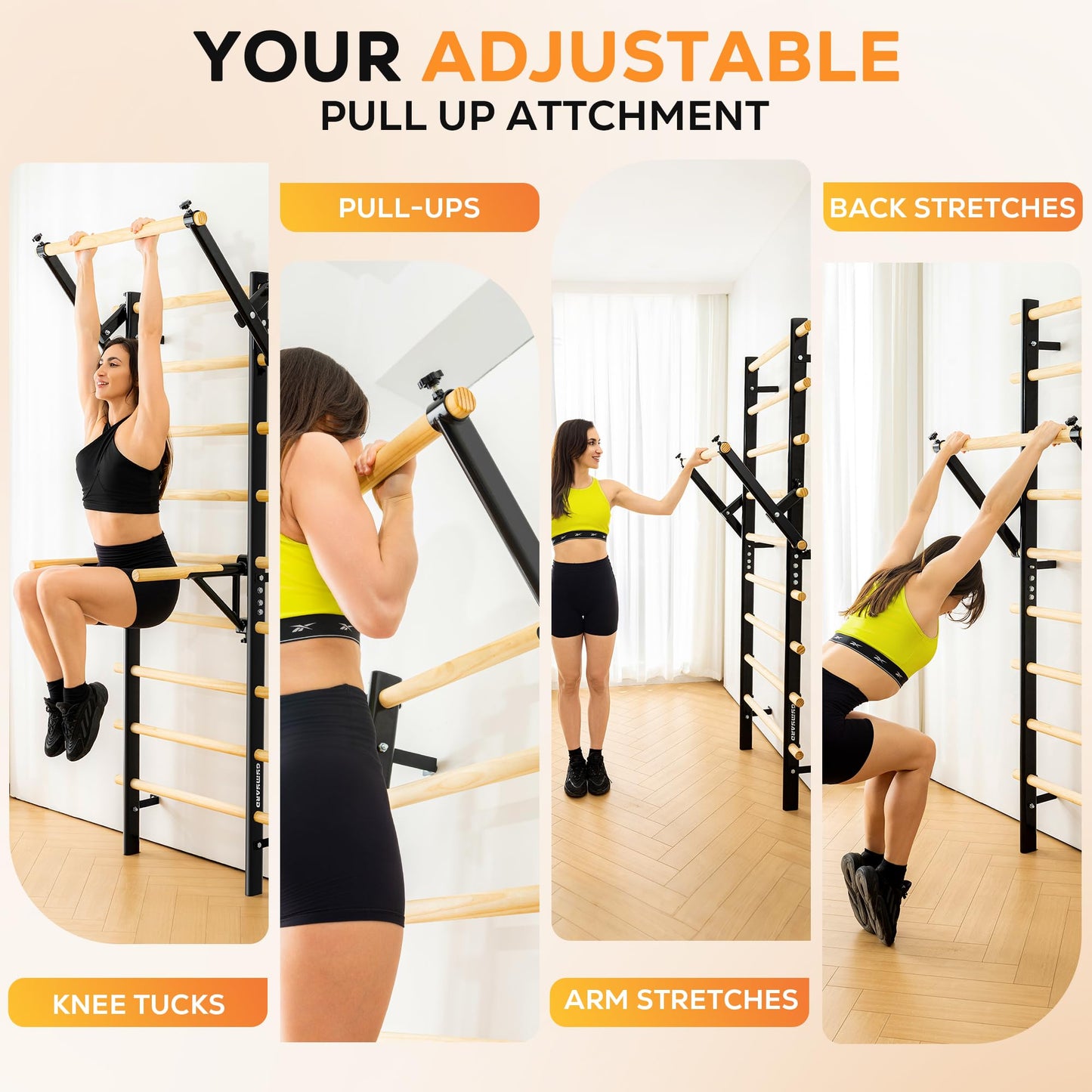 GymYard Swedish Ladder, Wood Stall Bar, Swedish ladders Wall Gym Adult, Adjustable Pull Up and Dip Station for Adults and Kids, 9-Anchor Solid Pine, Home Fitness
