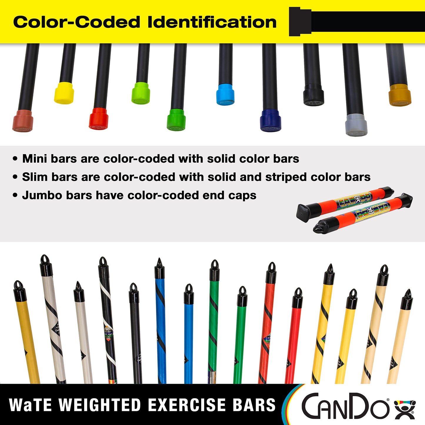 CanDo Slim WaTE Bar 2lb Yellow, Total Body Workout Weighted Exercise Bar for Strength Training, Toning, and Physical Therapy
