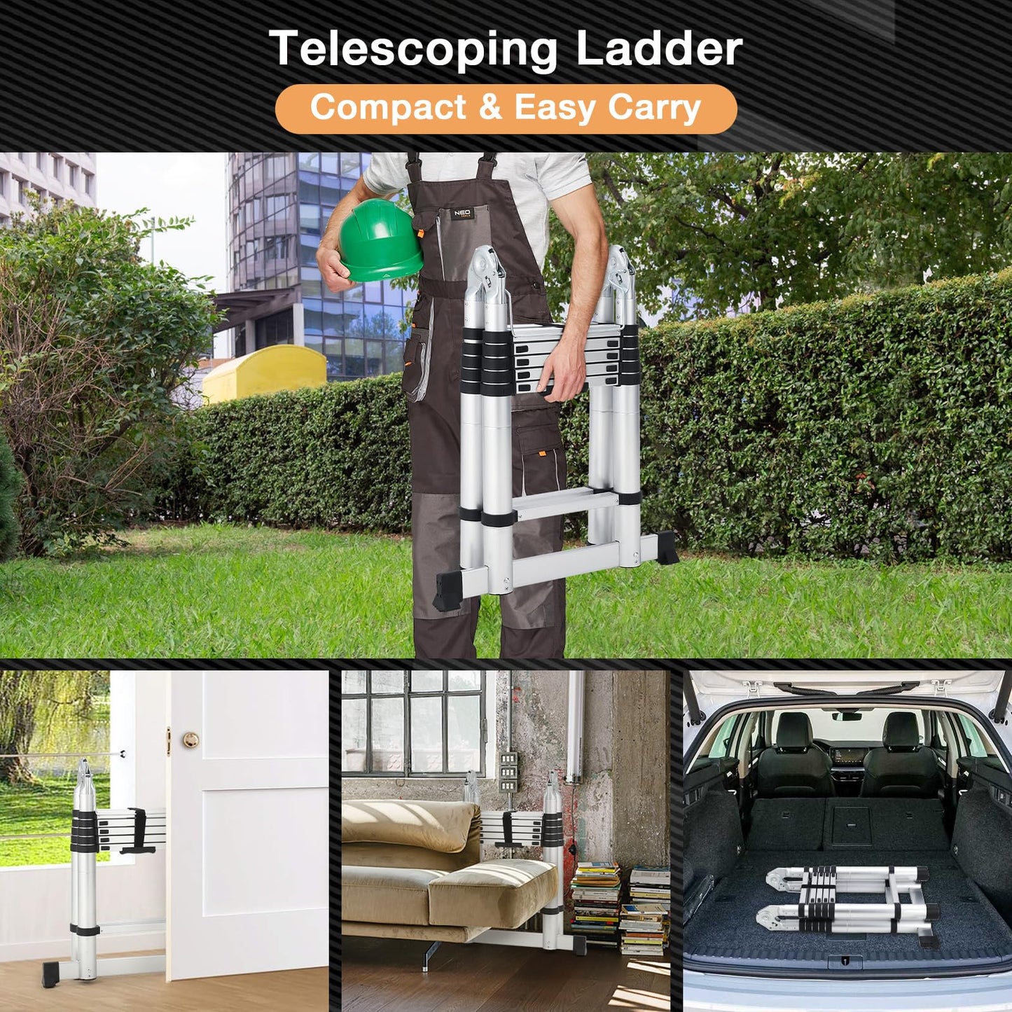 GAOMON Telescopic Ladder - 18.5 FT Aluminium Telescoping Ladders with Non-Slip Feet and Stabilizers, a Frame Collapsible Ladder, Portable Extension Ladders for Indoor Outdoor Working Household