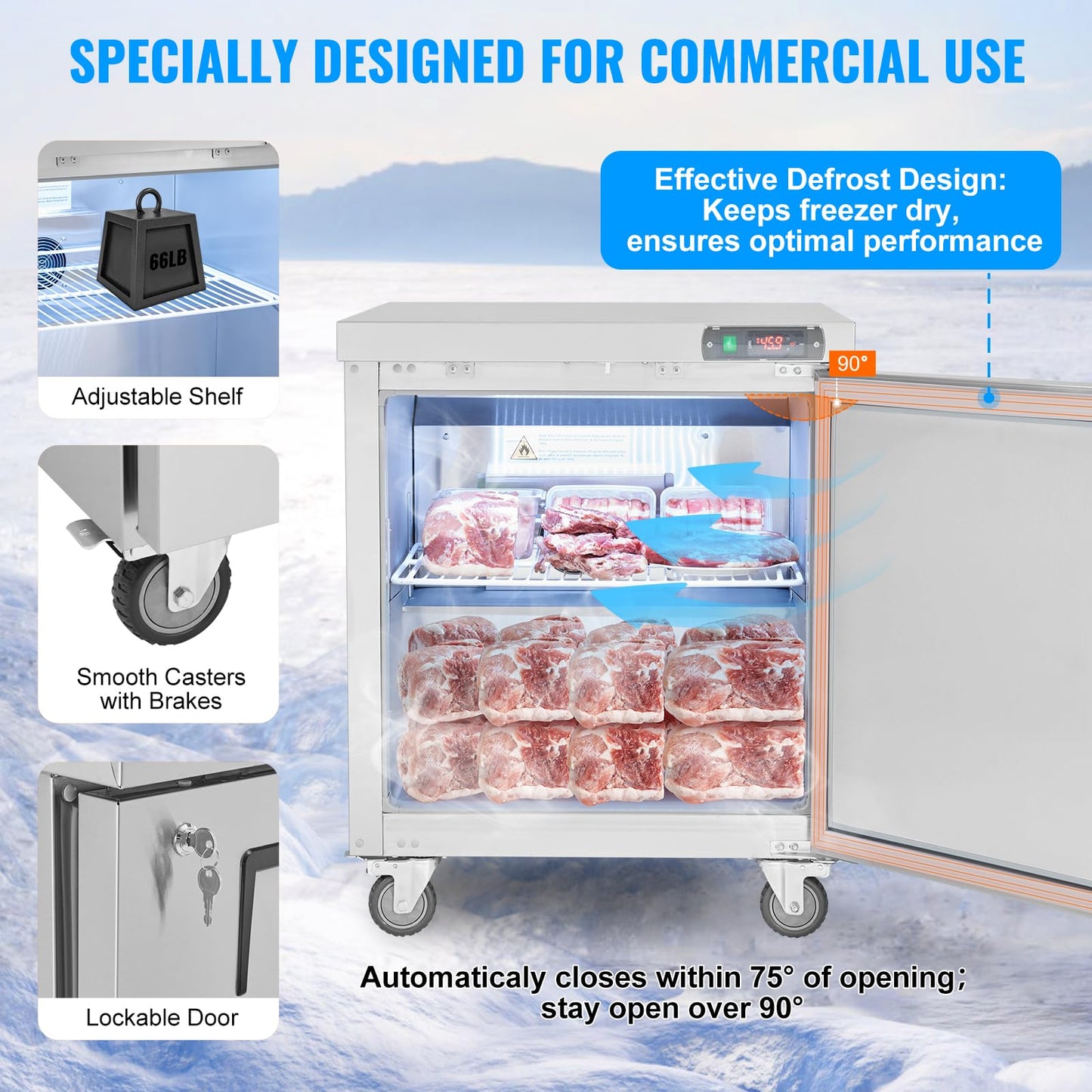 VEVOR 28" W Commercial Freezer Worktop, 7.4 Cu. Ft Undercounter Freezers with/Casters, <0~-8℉>Defrost Frozen Prep Table, Single Door Stainless Steel Food Frozen Prep Station for Restaurant, Diner