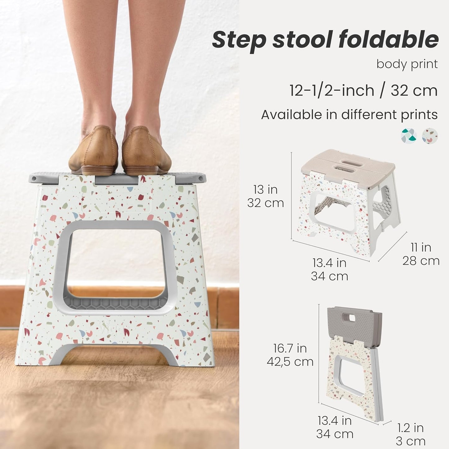 Vigar Foldable Step Stool - Lightweight Non-Slip Design for Adults | 12.5-Inch Grey Terrazzo Pattern, Supports 330 lbs