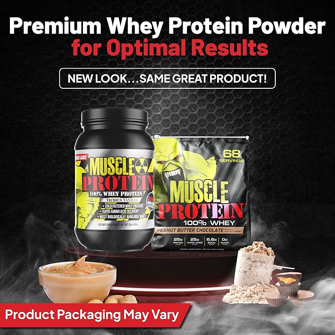 Muscle Protein Whey Powder [5 lbs/Pack of 1]??Cold Filtered, 25g Pure Protein, 6.6g BCAAs (Packaging May Vary) (5 Pound (Pack of 1), Peanut Butter Chocolate)