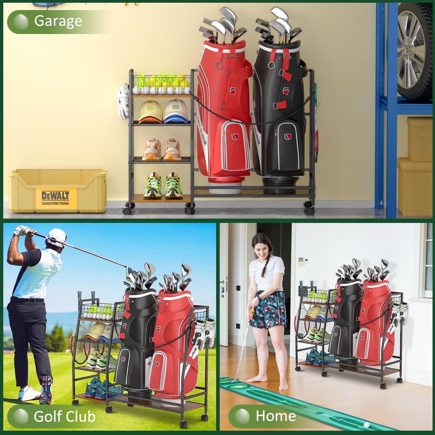 Golf Bag Storage Rack for Garage with Wheels, Organizer for 2 Golf Bag and Equipment Accessories, Golf Organizer Stand Ideal for Home, Garage, Club, Shed, Basement - Sturdy and Durable (Black)