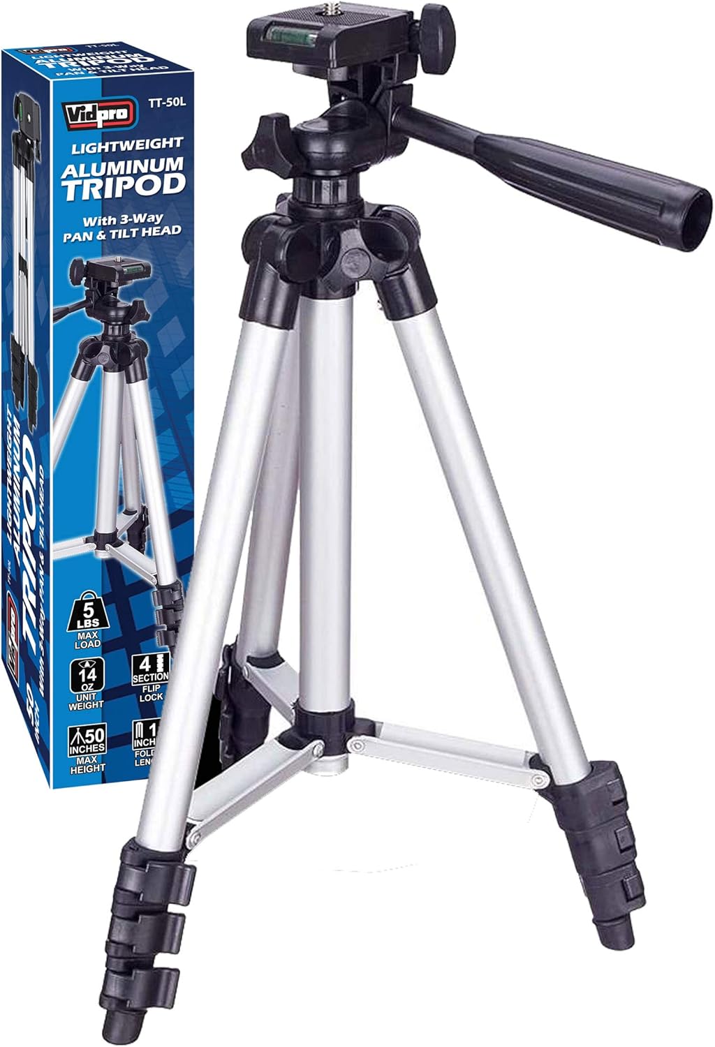 VidPro TT-50L 50 Inch 3 Lightweight Aluminum Tripod with Way Pan & Tilt Head