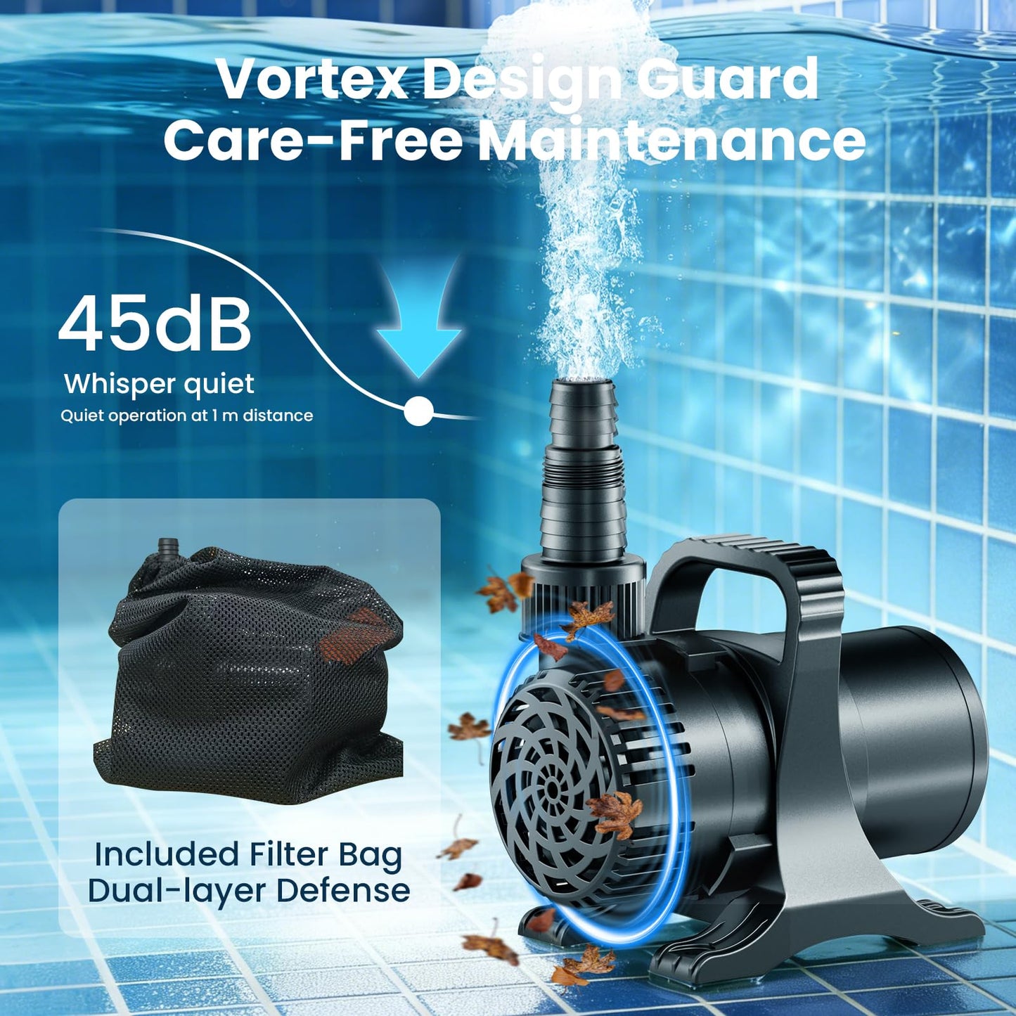 OYO Water 230W 4500 GPH Pond Pump, High Flow Heavy Duty Submersible Water Pump for Large Ponds, Pools & Waterfalls, Ultra Quiet Continuous Operation, Submersible & Inline Use, Includes Filter Bag