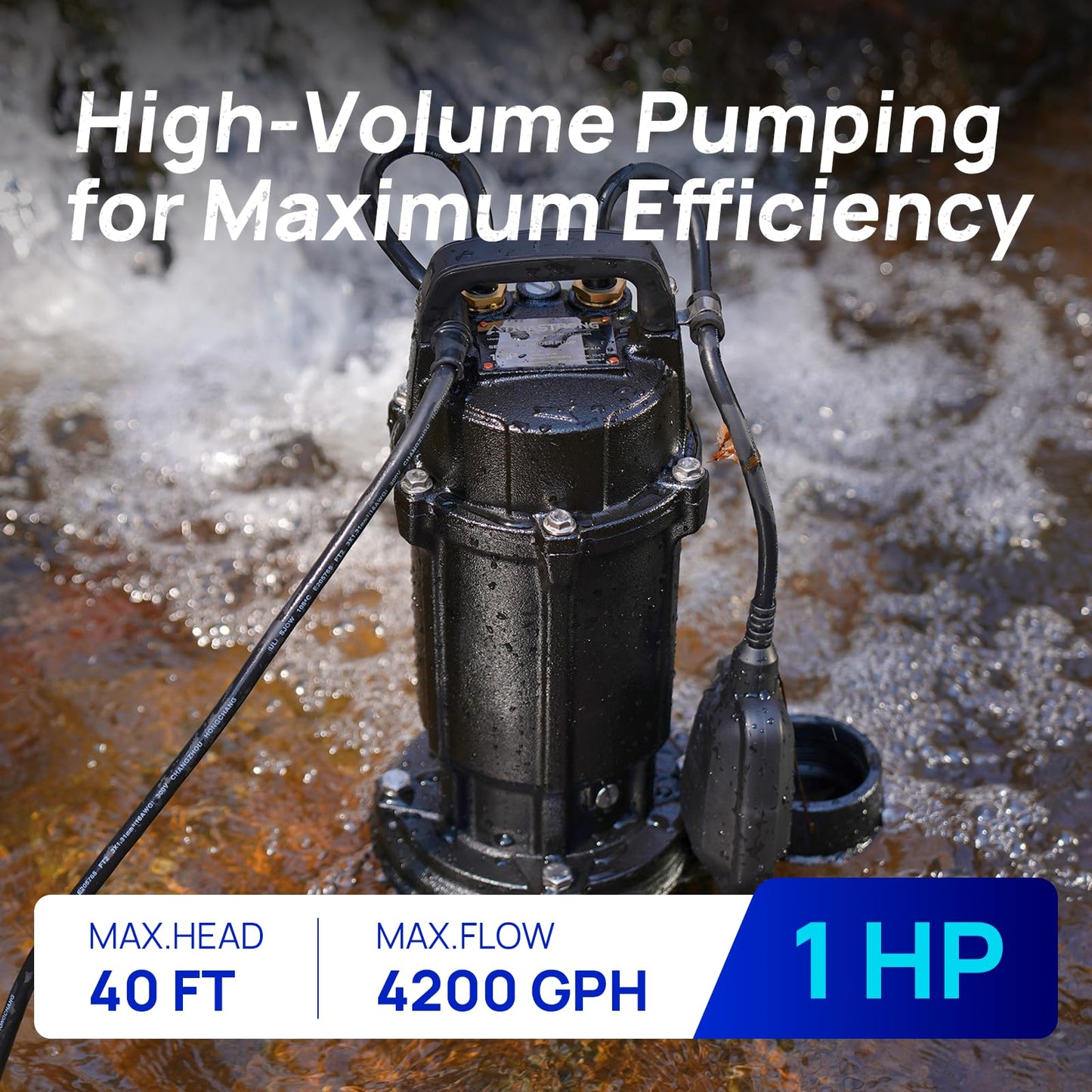 Aquastrong 1 HP Sewage Grinder Pump, 4200 GPH Sewage Pump 2 inch Discharge, Cast Iron Sump Pump Submersible with Auto Float Switch for Basement Sump Basin and Sewage Well, Black