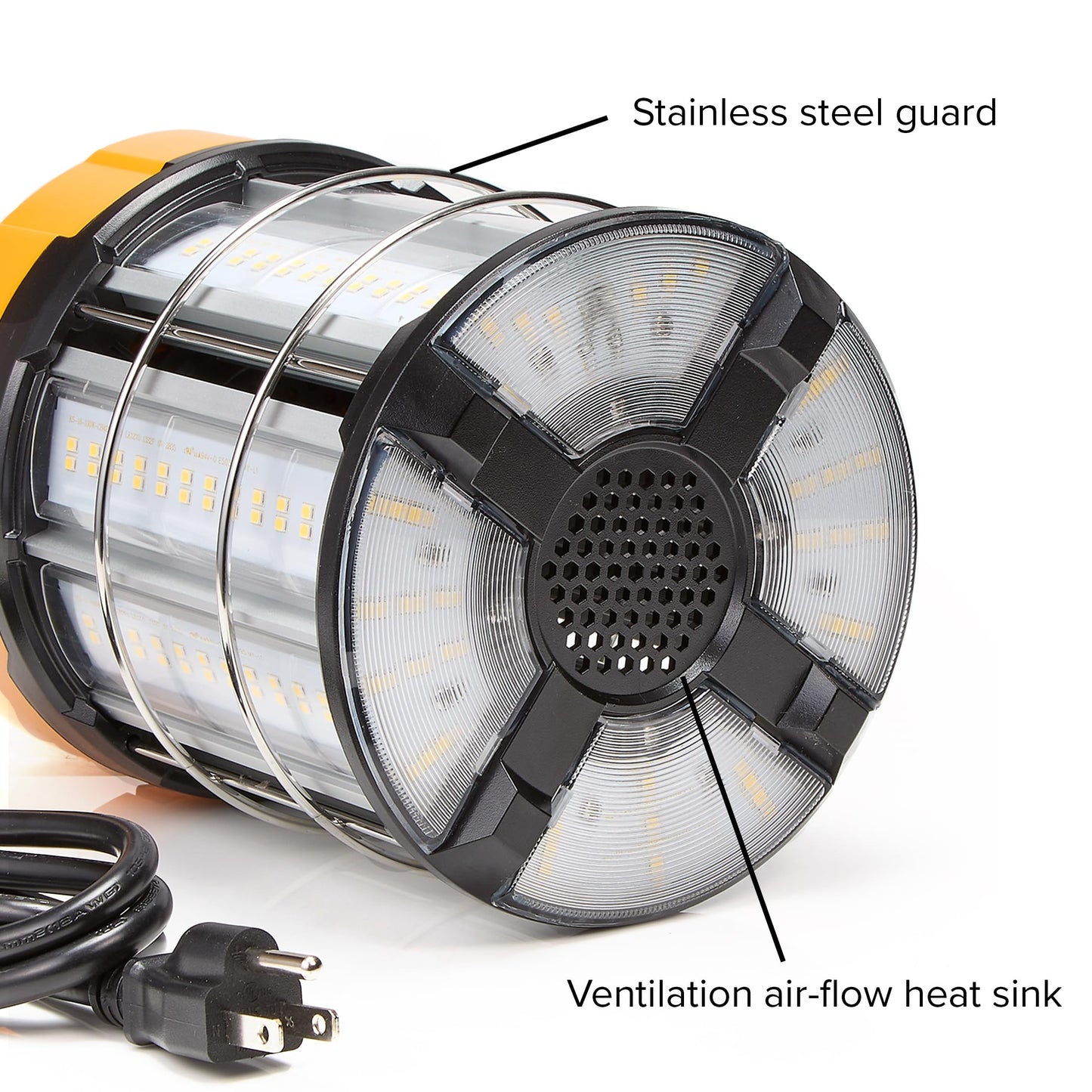 Maxxima High Bay LED Temporary Work Light Fixture - 100 Watt 12000 Lumens, Daylight 5000K, Linkable, Stainless Steel Cage Guard, Easy Latch to Mount, Plug in with Surge Protection