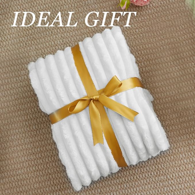 BEDELITE Twin Blanket for Couch & Bed, 300GSM Soft & Warm Fleece Blanket, Decorative and Giftable Striped White Blankets for Women, Men, 60"x80"