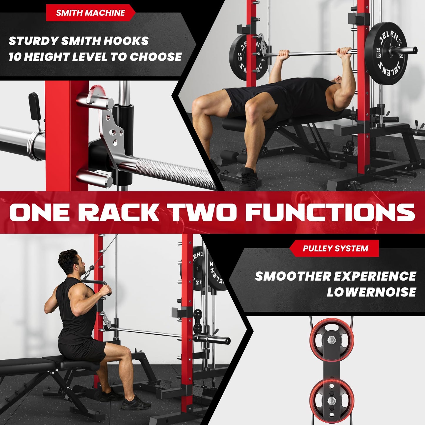 JELENS SR01 Smith Machine, 2000LBS Multi-Function Power Cage with LAT Pulldown System, All-in-One Home Gym Squat Rack with Smith Bar and Training Attachments (Red, SR01 Smith Machine)