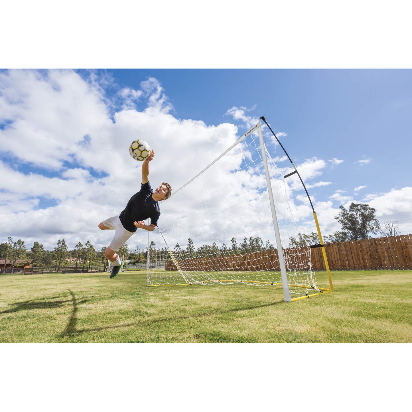 SKLZ Quickster Soccer Goal 12' x 6' - Portable Goal for Backyard & Field - Durable Tension-Tite Frame & Heavy Gauge 2-Ply Net - Adjustable Click-Lock Poles, Metal Stakes - Carrying Case with Handle