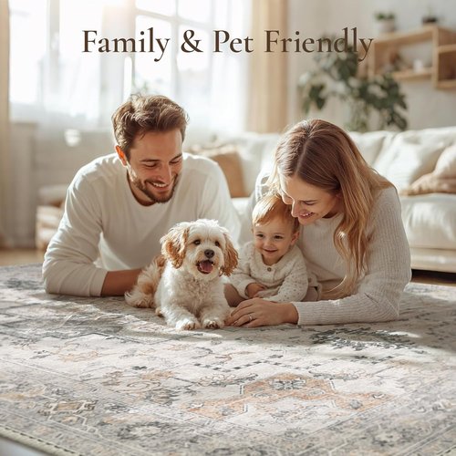 GENIMO 5X7 Area Rug - Machine Washable, Non-Slip Vintage Chenille Print for Living Room & Bedroom - Light Taupe Brown