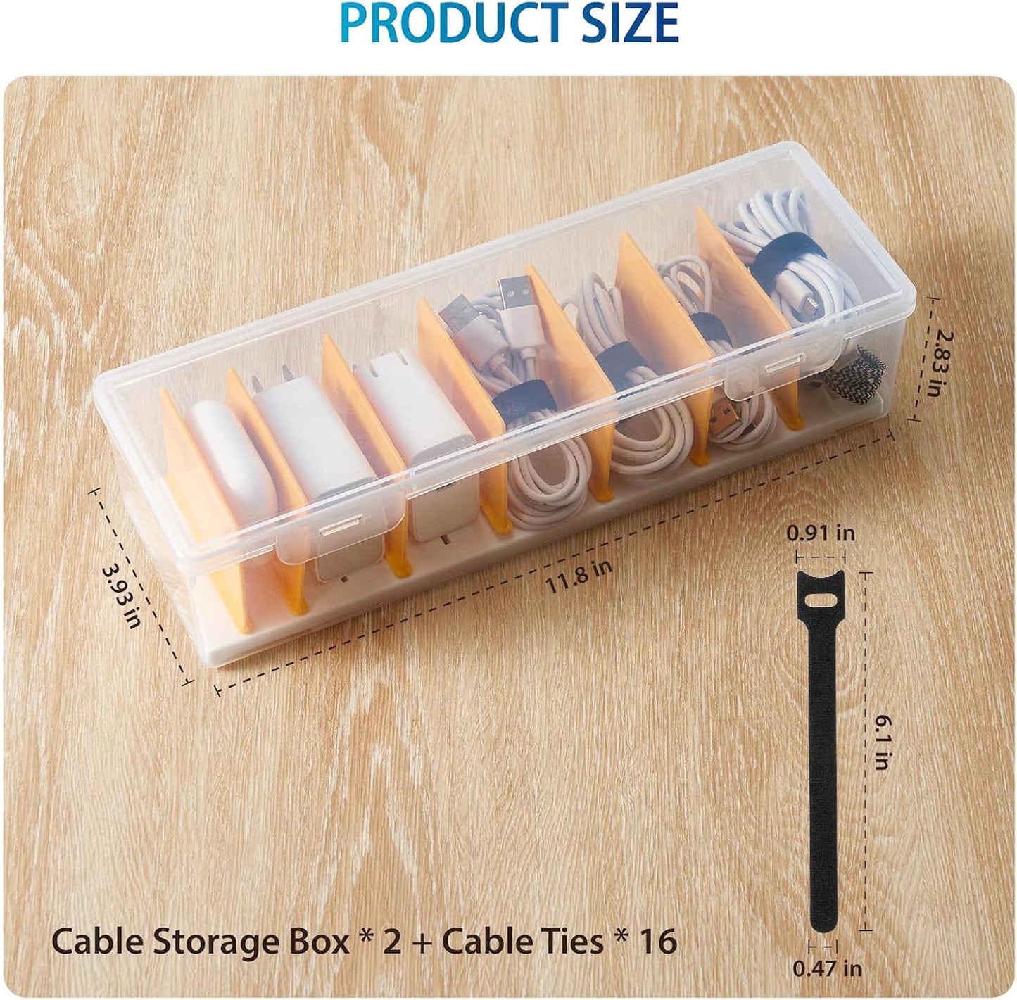 2 Pack 16 Cable Organizer Storage Box with Cable Ties, Clear Phone Charger Organizer Case Wire Organizers for Cords