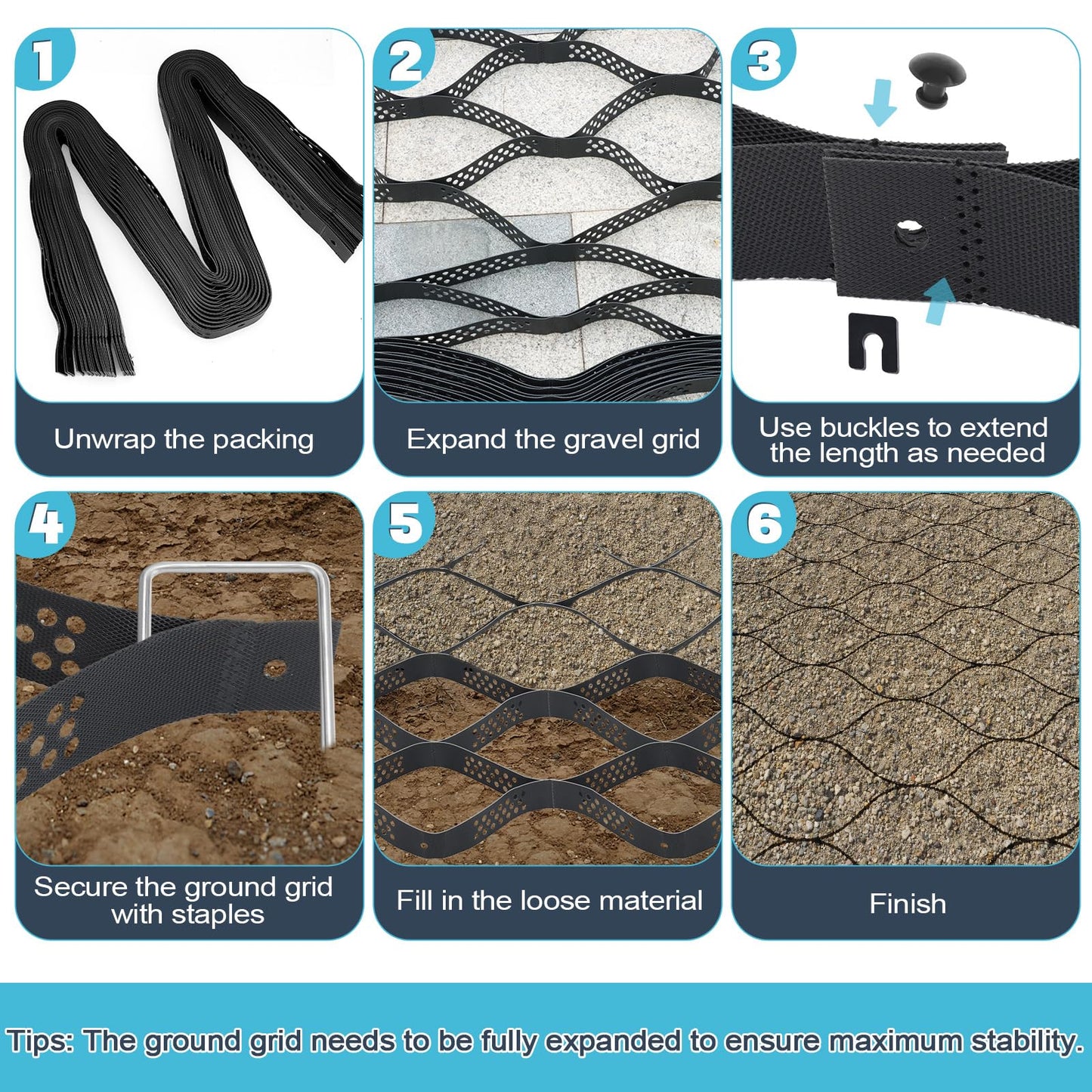 Gravel Grid 33ft X 4ft, 2'' Depth Gravel Stabilizer Grid for Pavers Base, Geogrid 1900 Lbs/Sq Ft Load with 40 Geocell Accessories & Gloves for Driveway Parking Ground Walkway Dirt Locker Slope
