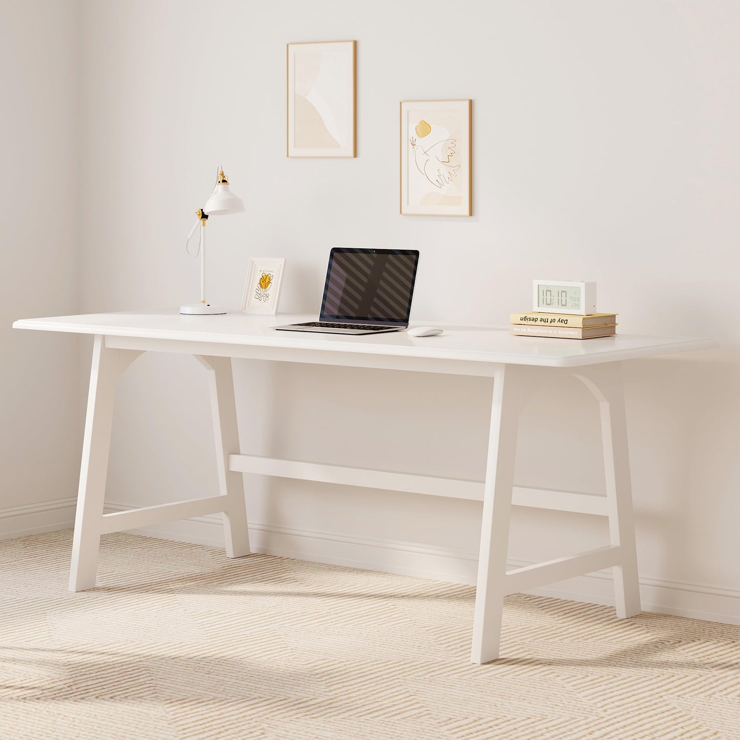 IOTXY Solid Wood Writing Table - 60" W x 24" D Minimalist Computer Desk for Home Office, Work, Study, Creativity, and PC Workstation, White