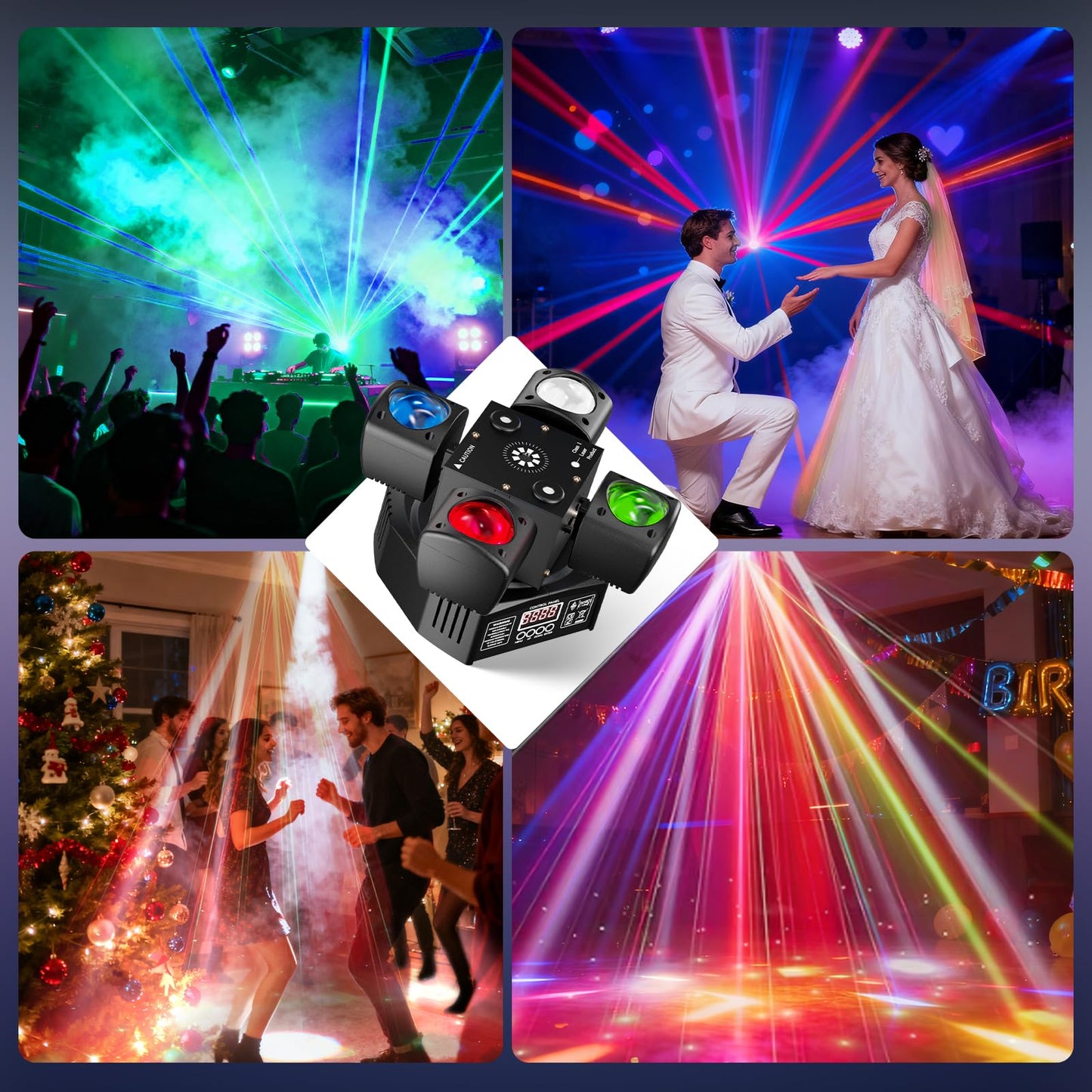 EYTSE Moving Head DJ Lights, 4-in-1 RGBW with DMX-512 & Sound Activated, Stage Light with Red Green Starry, White & Amber Strobe, Perfect Stage Lights for Party Disco Club Wedding Bar