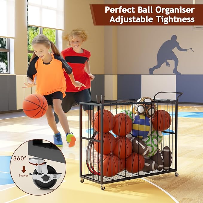 Ball Storage Bin Rolling Sports Ball Cart, Metal Garage Organizer Sport Rack, Ball Basket Storage, Ball Cage for Garage or Gym, Indoor & Outdoor Sports Equipment Organizer