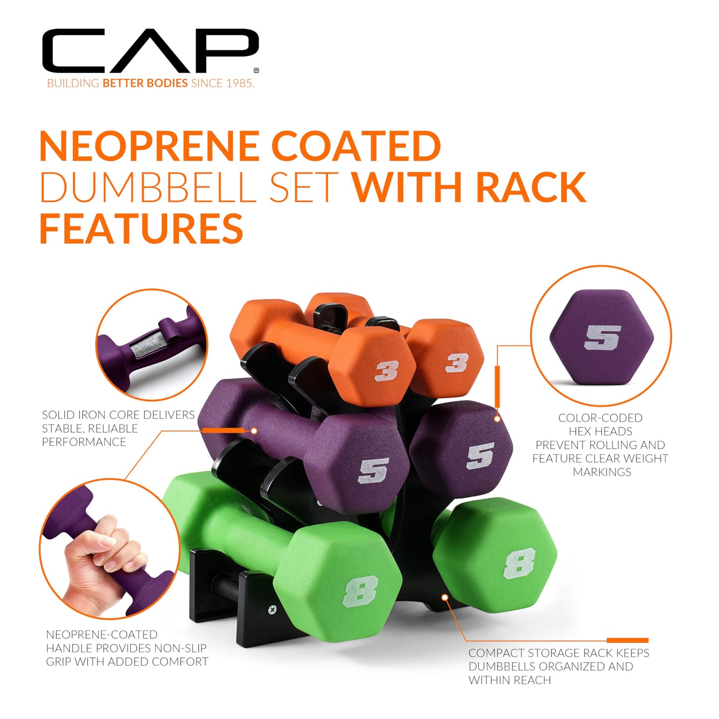 CAP Barbell 20 LB Set of Neoprene Dumbbells with Rack | 2, 3, 5 LB pairs