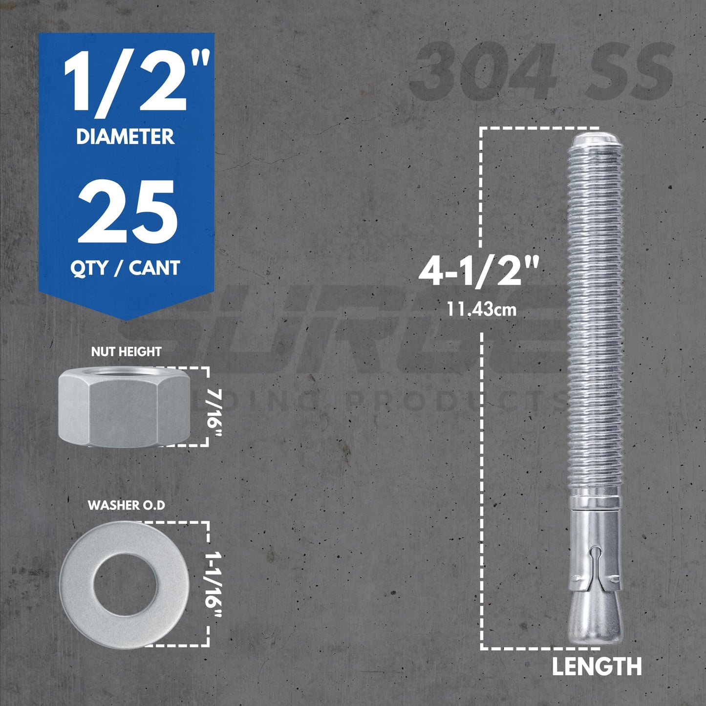 1/2" X 4-1/2" 304 Stainless Steel Wedge Anchors for Concrete and Cement | Heavy-Duty 1/2" Stainless Steel Bolts for Outdoor and Coastal Applications (Box of 25)