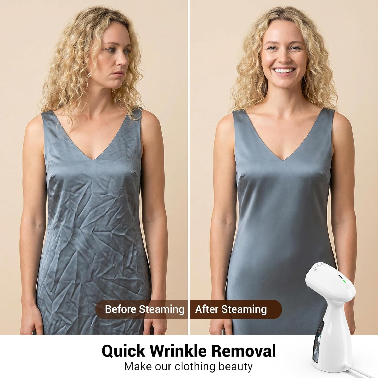 Skiennix Handheld Clothes Steamer - Fast Wrinkle Removal, 450ml Tank, 10ft Cord, 1000W, White