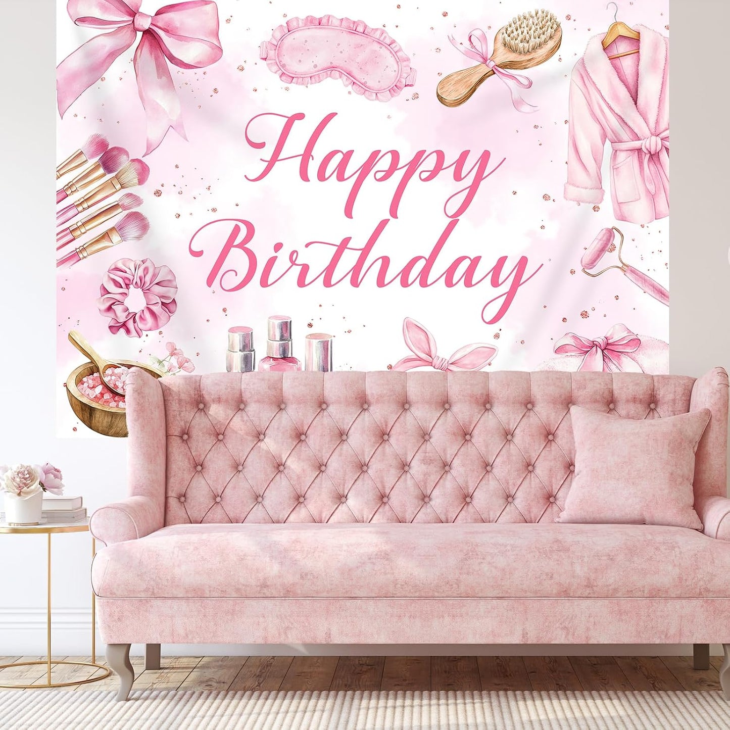Bcuuipo 7x5ft Spa Party Happy Birthday Backdrop Pink Beauty Makeup Slumber Pajama Sleepover Background for Girls