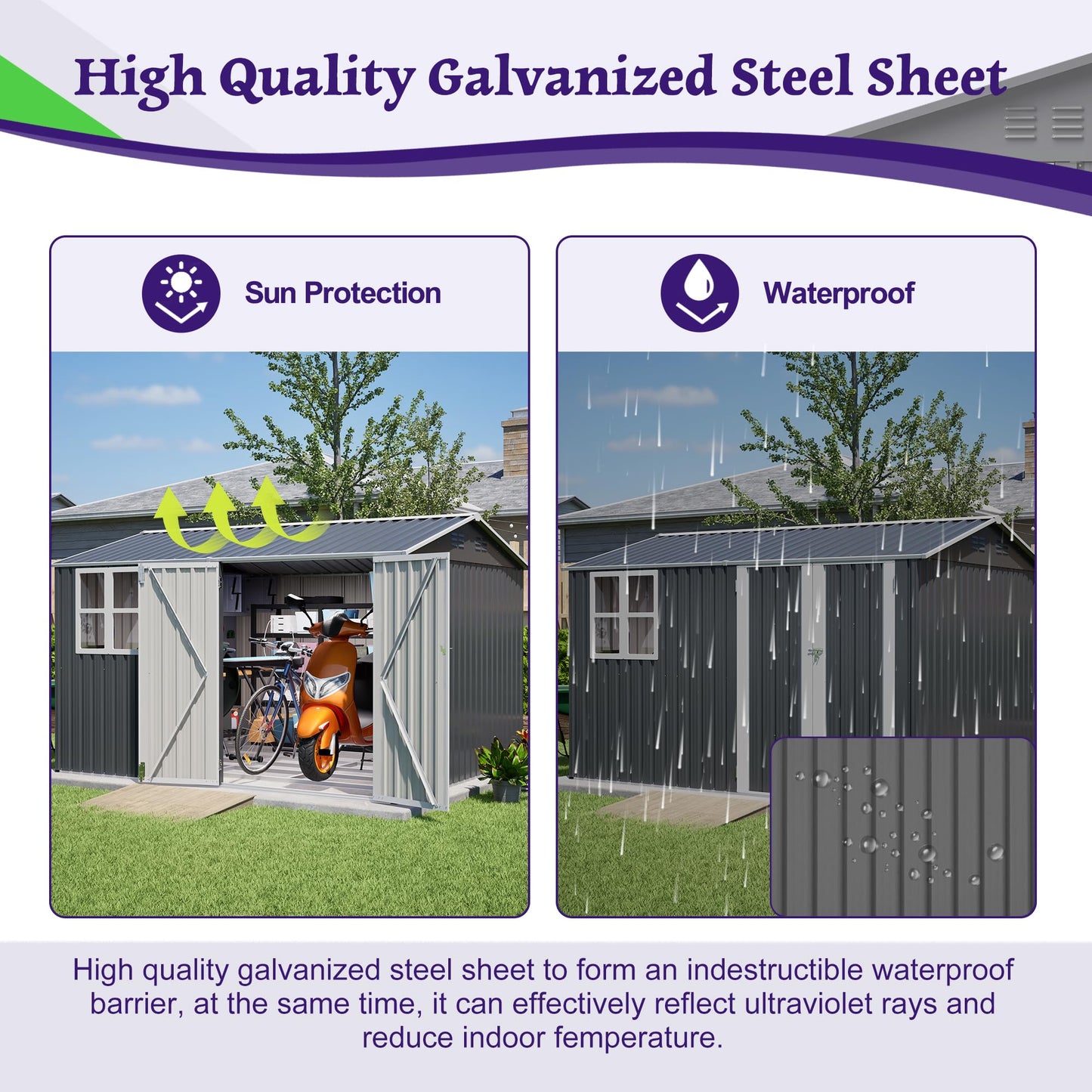 10'x8' Galvanized Steel Storage Shed with Raised Floor Base, Side Window & Top Vents, Lockable Double French Door Outdoor Garden Tool Shed, Gray