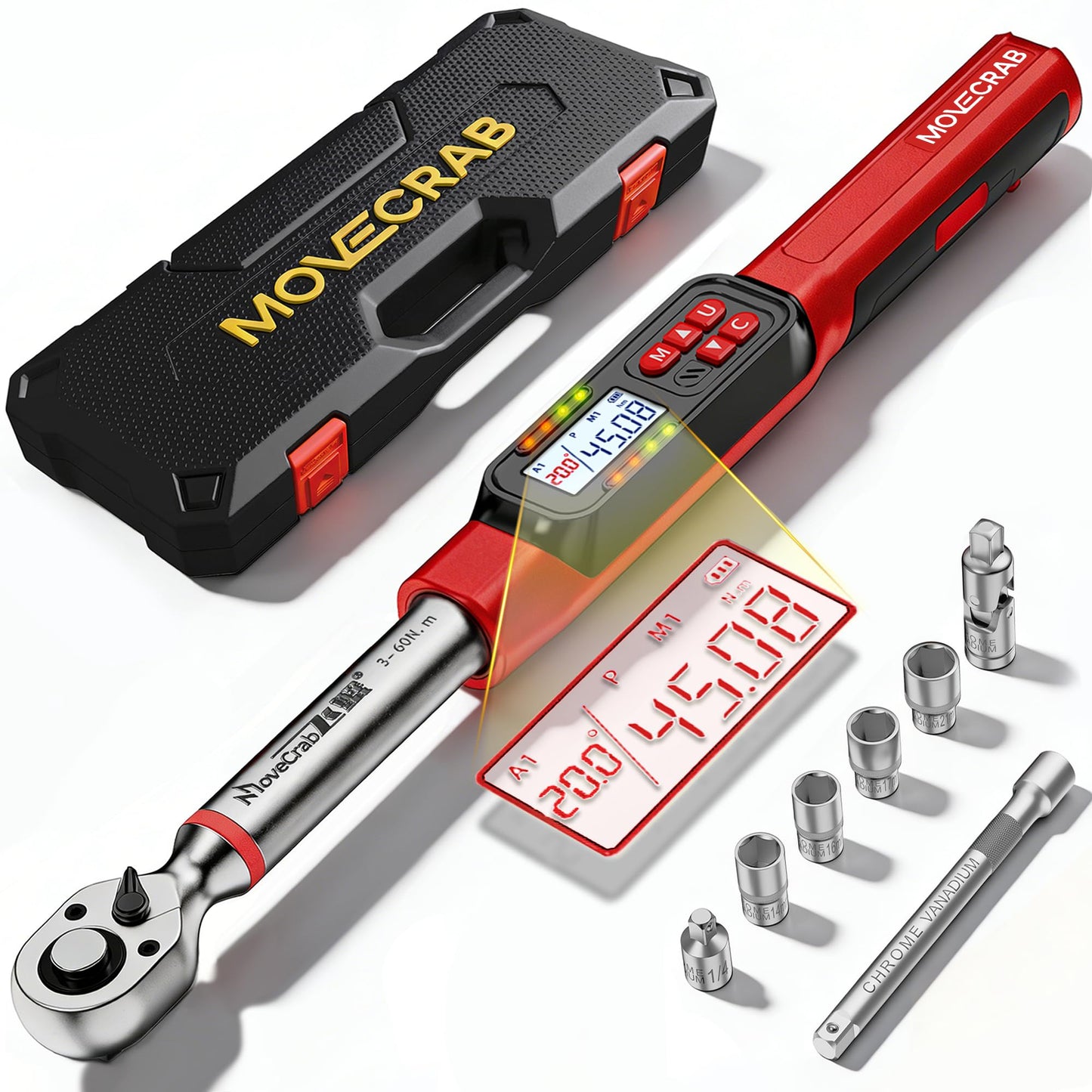 MOVECRAB 3/8" Drive Digital Angle Torque Wrench 2-44 Ft.lb (3-60 N.m), Angle Measurement 0.1° with LED Display & Buzzer, for DIY Auto Car Motorcycle Repair & Engineering