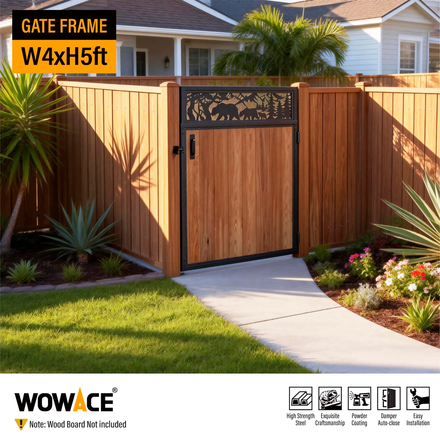 WOWACE 4x5FT Fence Gate Frame Kit 201 Stainless Steel Heavy Duty Garden Gates Anti-Sag Backyard Front Gate Reinforcement Hardware, Left/Right Mount (No Wood Planks Included)