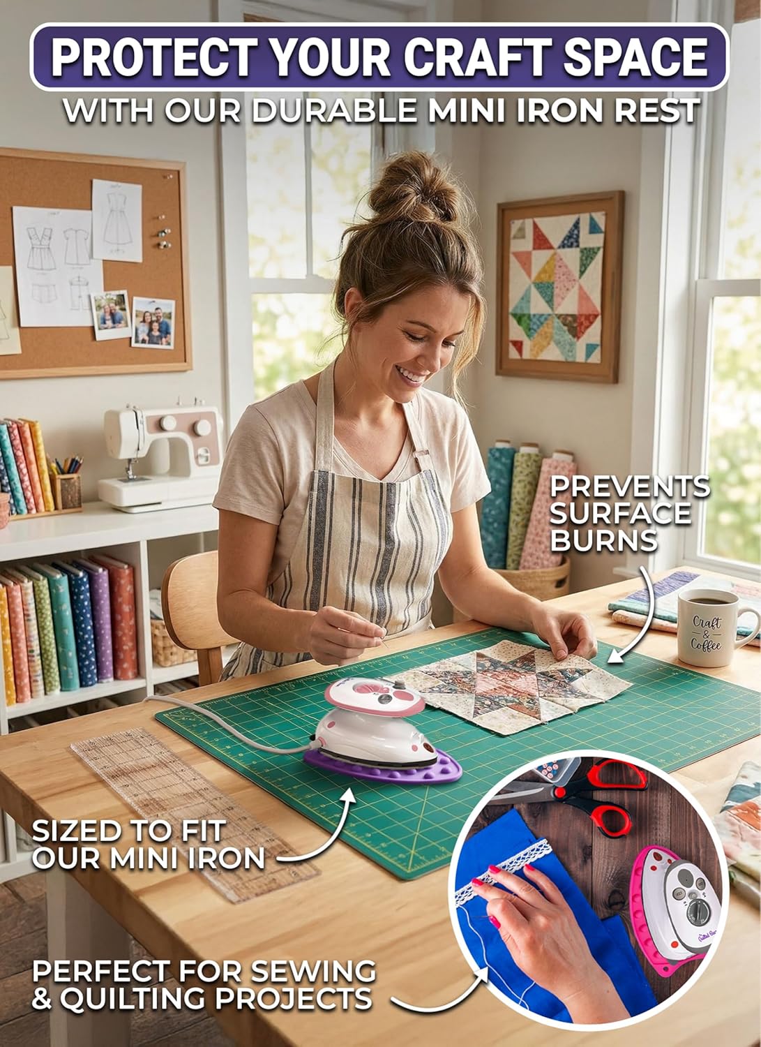 Quilted Bear Mini Iron Rest - Silicone Heat Resistant Mat for Crafting & Sewing - Durable Purple Surface