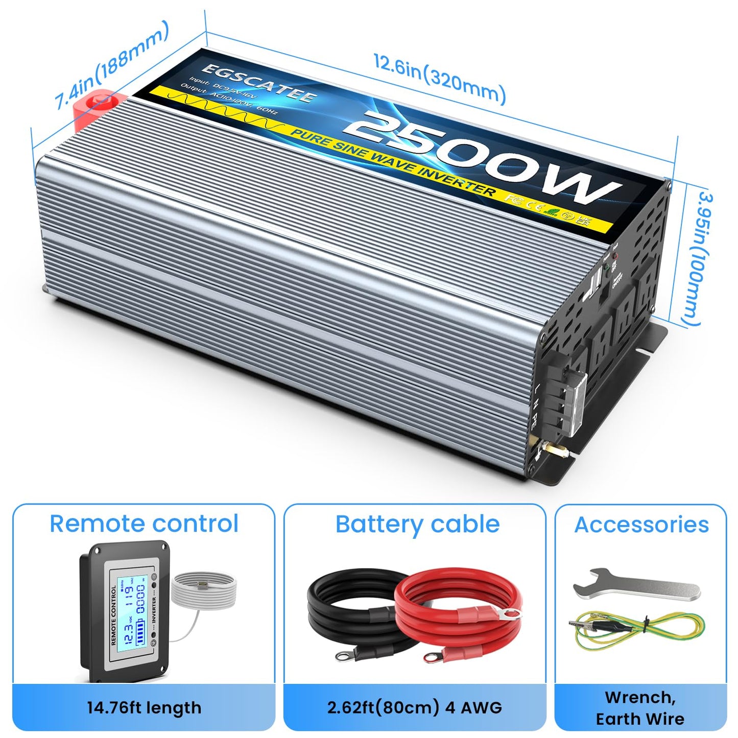 12V 2500W Pure Sine Wave Inverter 12V DC to 110V/120V AC Converter with 4AC Outlets, 5V/3.4A USB, Remote Control with on-Screen Display, Off-Grid Solar Power Inverter for Truck, Home, Vehicles, RV
