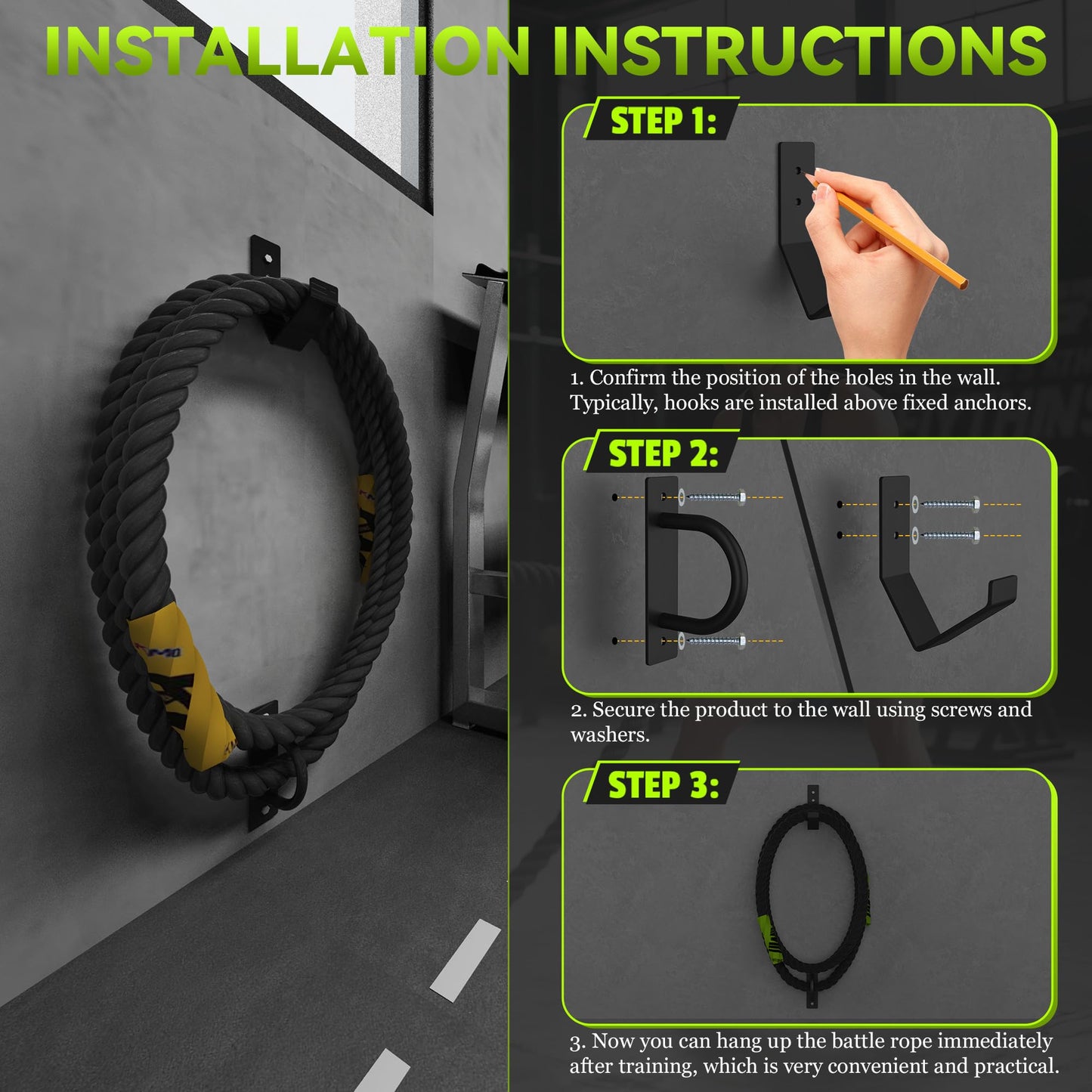 NUMAKY Heavy Duty Battle Rope Wall Anchor with Storage Hook – Includes Screws & Washers for Secure Mounting | Durable Steel Battle Rope Holder for Home and Gym Use