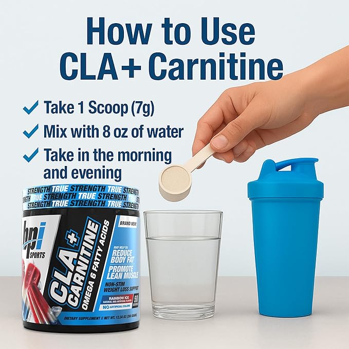 BPI Sports CLA+Carnitine ??CLA L Carnitine & Linoleic Acid ??L Carnitine Supplement for Weight Loss, Metabolism & Lean Muscle ??Caffeine Free ??Rainbow Ice ??50 Servings ??12.34 oz