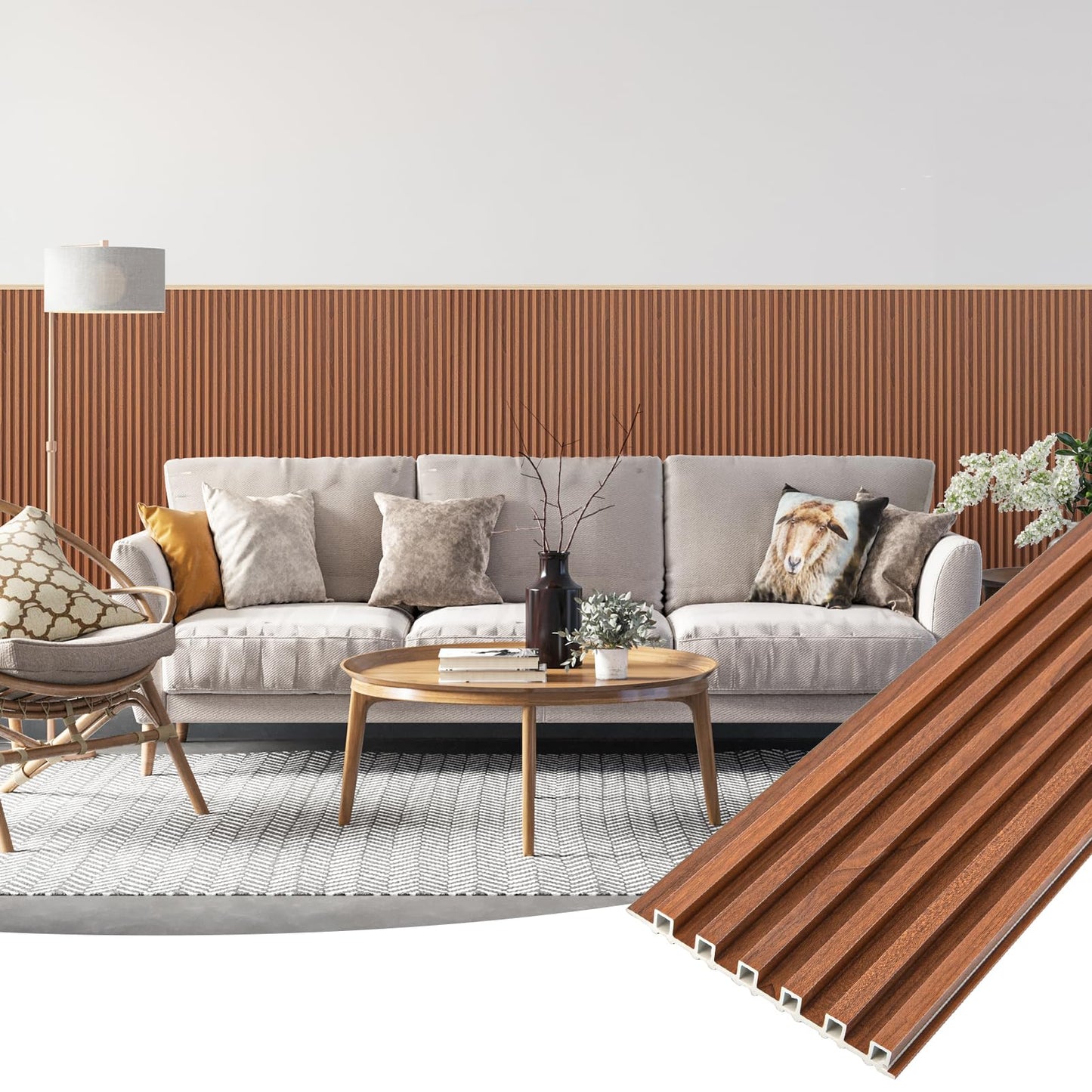AMZDEPOT 16 Pack WPC Wainscoting Panels, 3D Wall Panels for Interior Wall Decor, Living Room, Bedroom, 51.18 x 6.69 Inch Fluted Textured Wood Slats, Teak