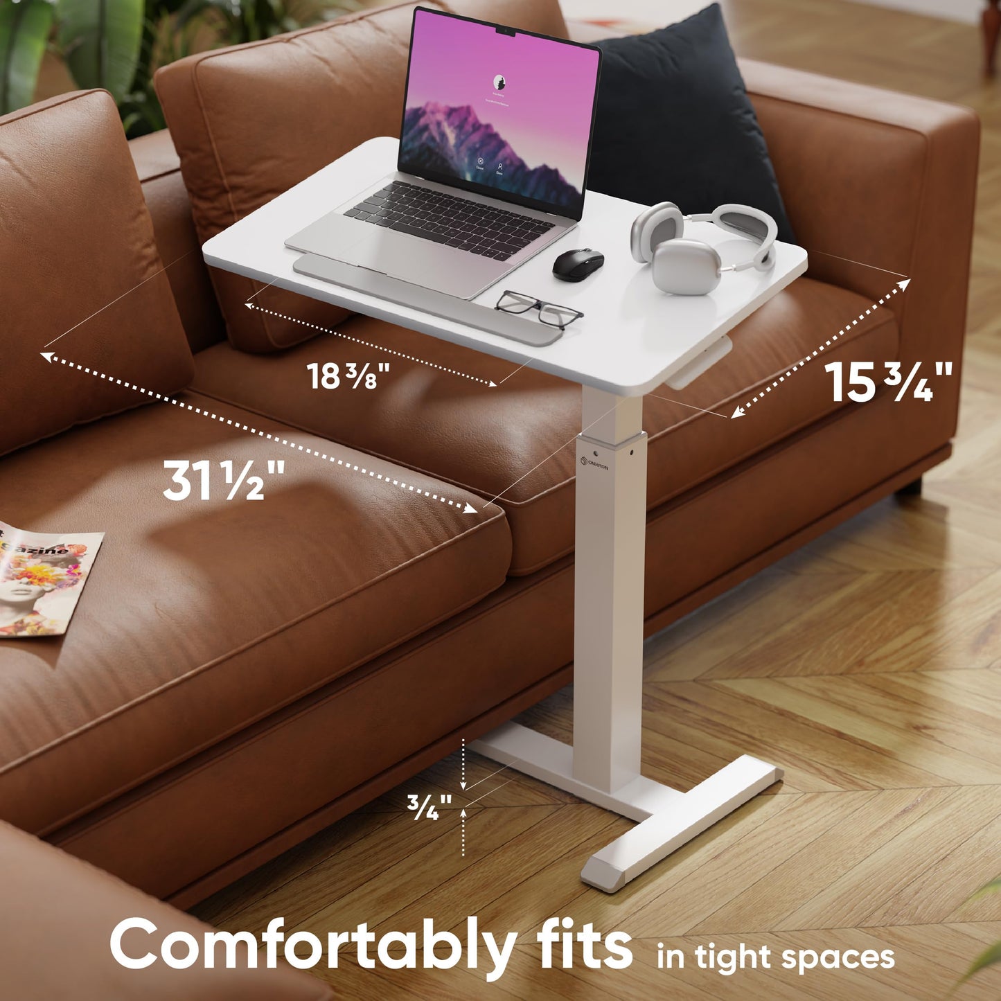 ONKRON Laptop Cart on Wheels, max Load 17.6 lbs, Small Rolling Table with Hidden Wheels, Mobile Standing Desk Adjustable Height, 90° Tilting Portable Workstation, Overbed Bedside Desk White
