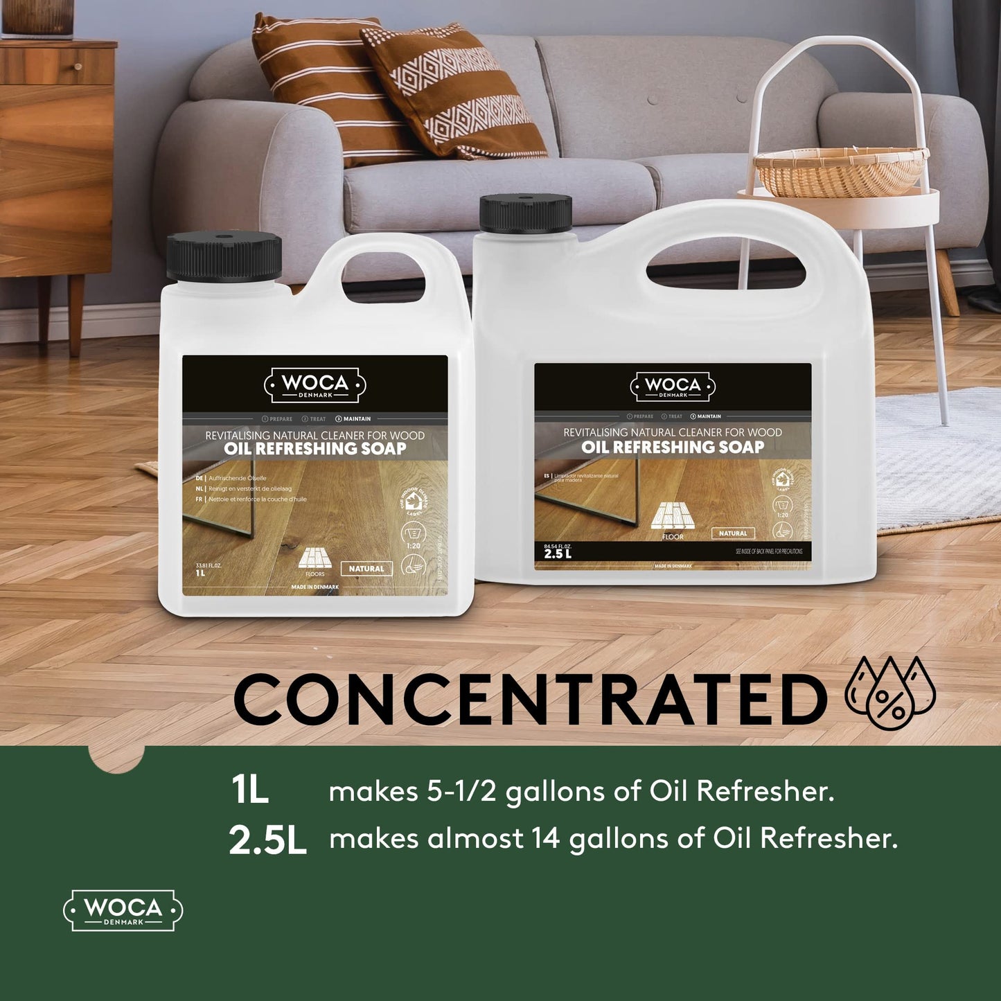 WOCA Denmark Oil Refreshing Soap Natural 1L – Oiled Wood Floor Cleaner & Rejuvenator, Plant-Based, Low VOC, Maintains Matte Finish