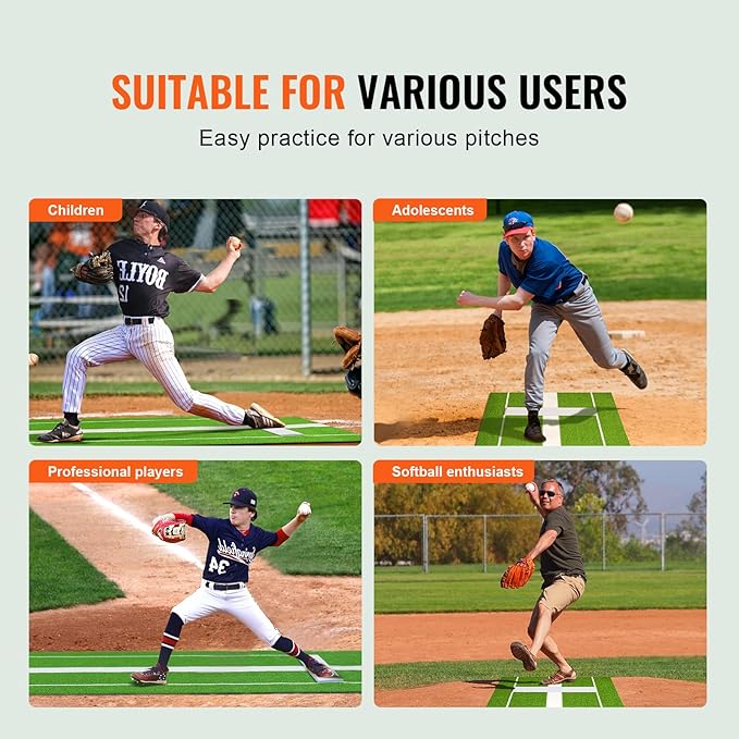 VEVOR 10x3ft Softball/Baseball Pitching Mat with Rubber Mound - Anti-Fade Turf & Anti-Slip Foam Backing, Portable Fastpitch Training Aid for Indoor/Outdoor Practice (Red/Green)