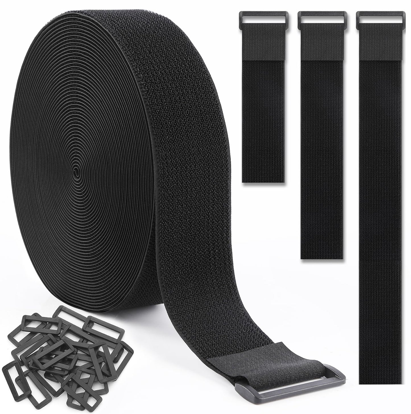 GDSZ LAERSI 1.5In x 20Ft Cinch Straps Nylon Heavy Duty with 25 Buckles, Cut to Length, Black Hook and Loop Straps, Reusable Long Cable Ties for Storage and Cord Organizer