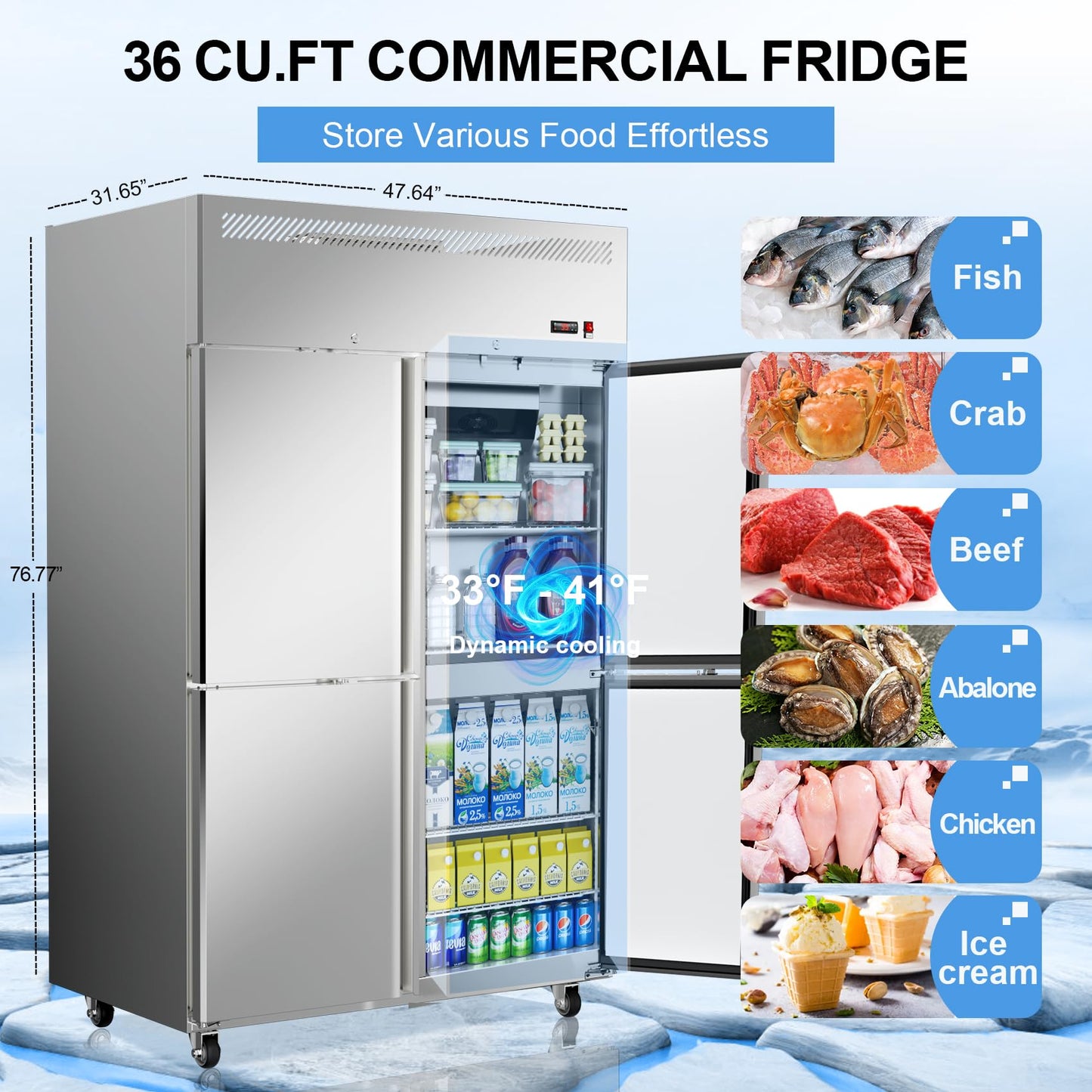 LCEKY 48" W 4 Door Commercial Refrigerator Stainless Steel 36 Cu.ft Fridge for Restaurant, Bar, Shop Upright