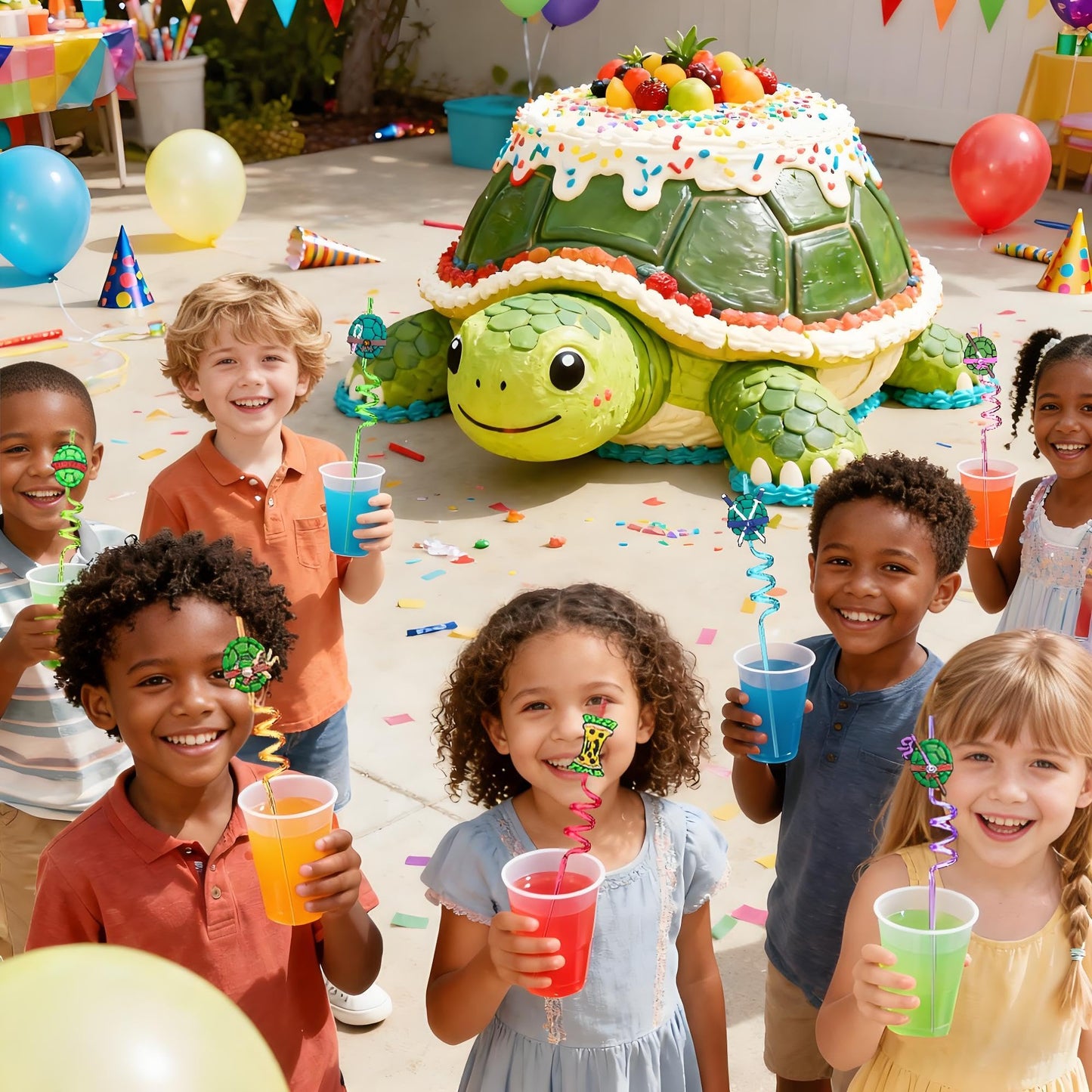 Reusable Ninja Green Turtles Themed Party Straws - 24 PCS Plastic Turtles Drinking Straws for Kids Birthday Party Decorations - Party Favors- Party Supplies with 2 Clean Brushes LEDUO