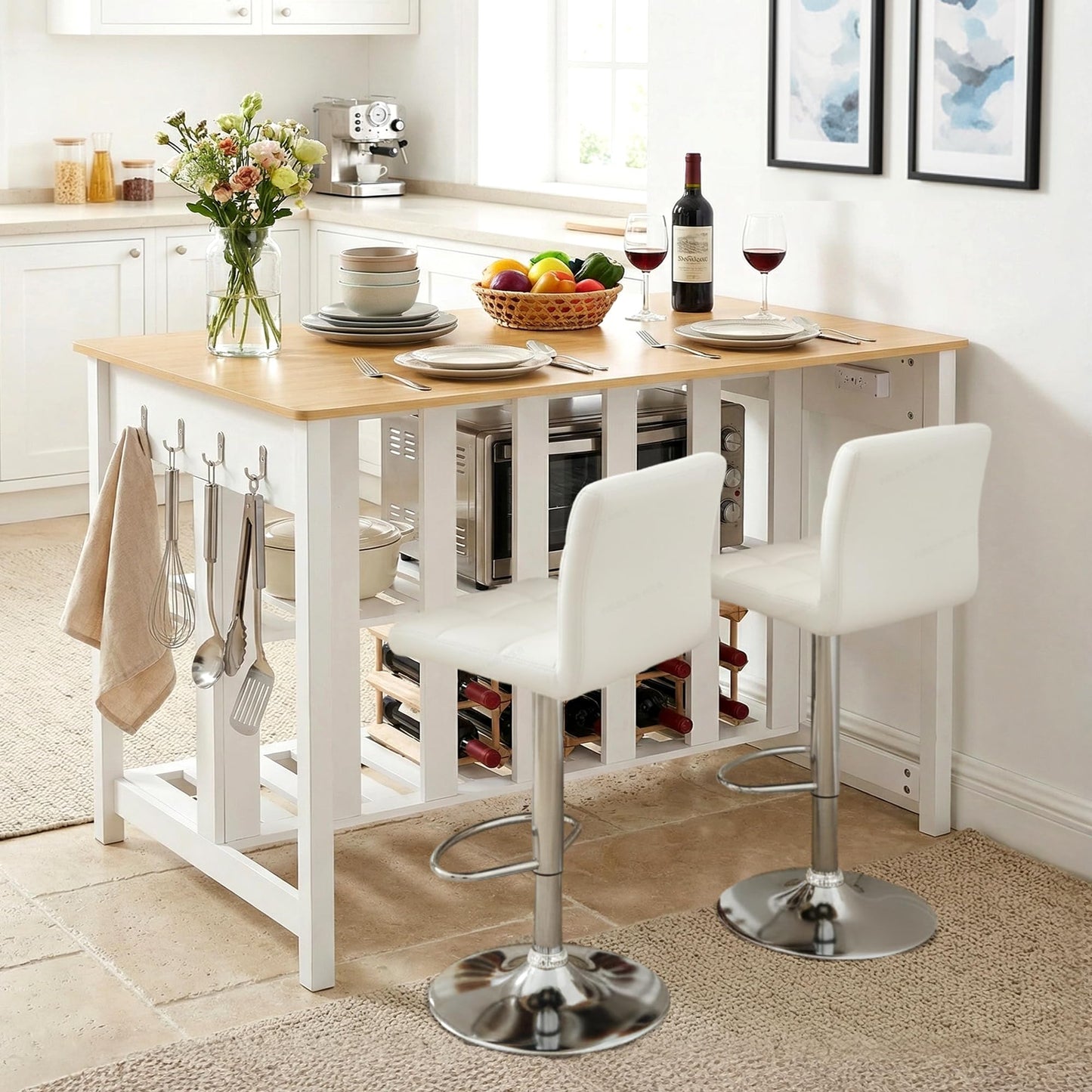 Grepatio 47 Inches Kitchen Island with Storage, Wooden Island Counter with Charging Station, Island Table with Shelves, 2 Drawers and 4 Hooks for Kitchen, Living Room, Dining Room, White and Natural