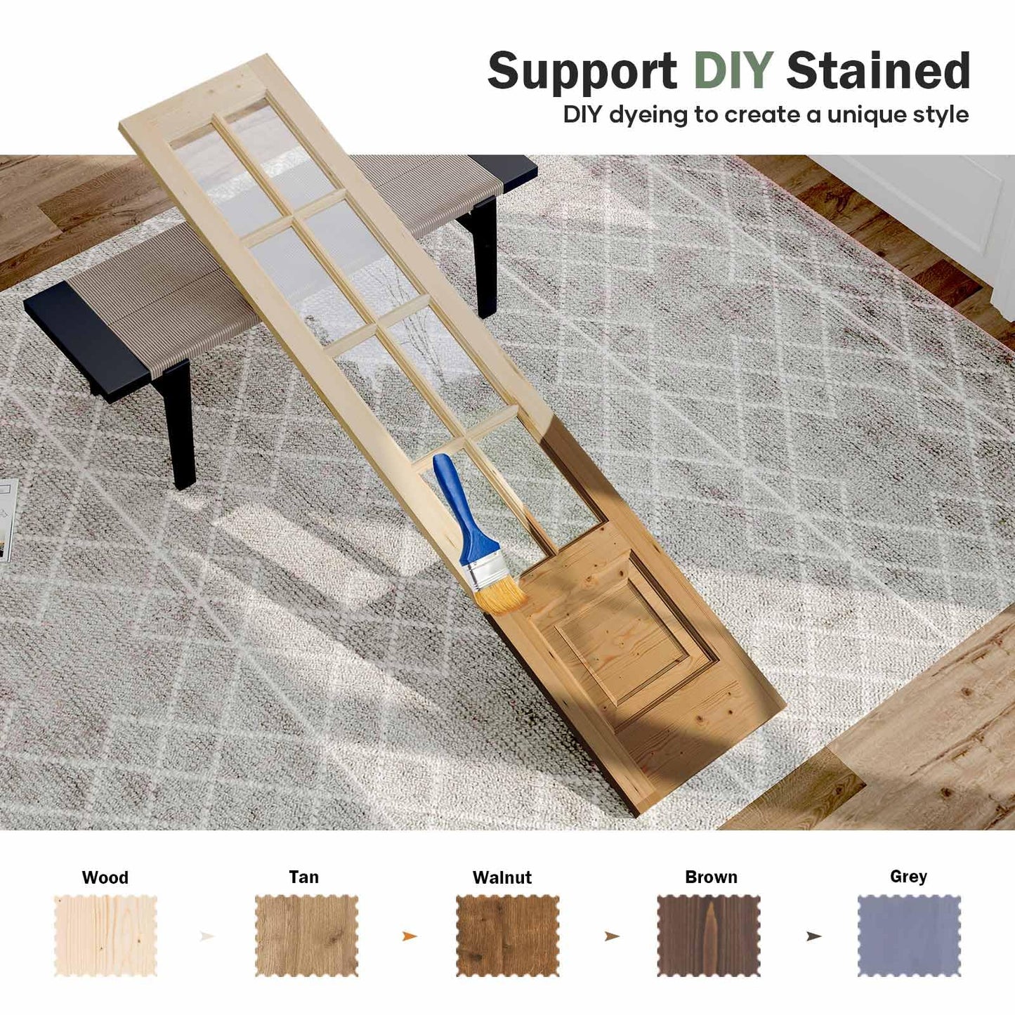 Roymelo Preassembled 36x84 (Double 18x84) Inch Clear Glass French Interior Door with 6.6Ft Barn Door Hardware Kit Included, Spruce Wood Support DIY Dyeing, Easy Assembly