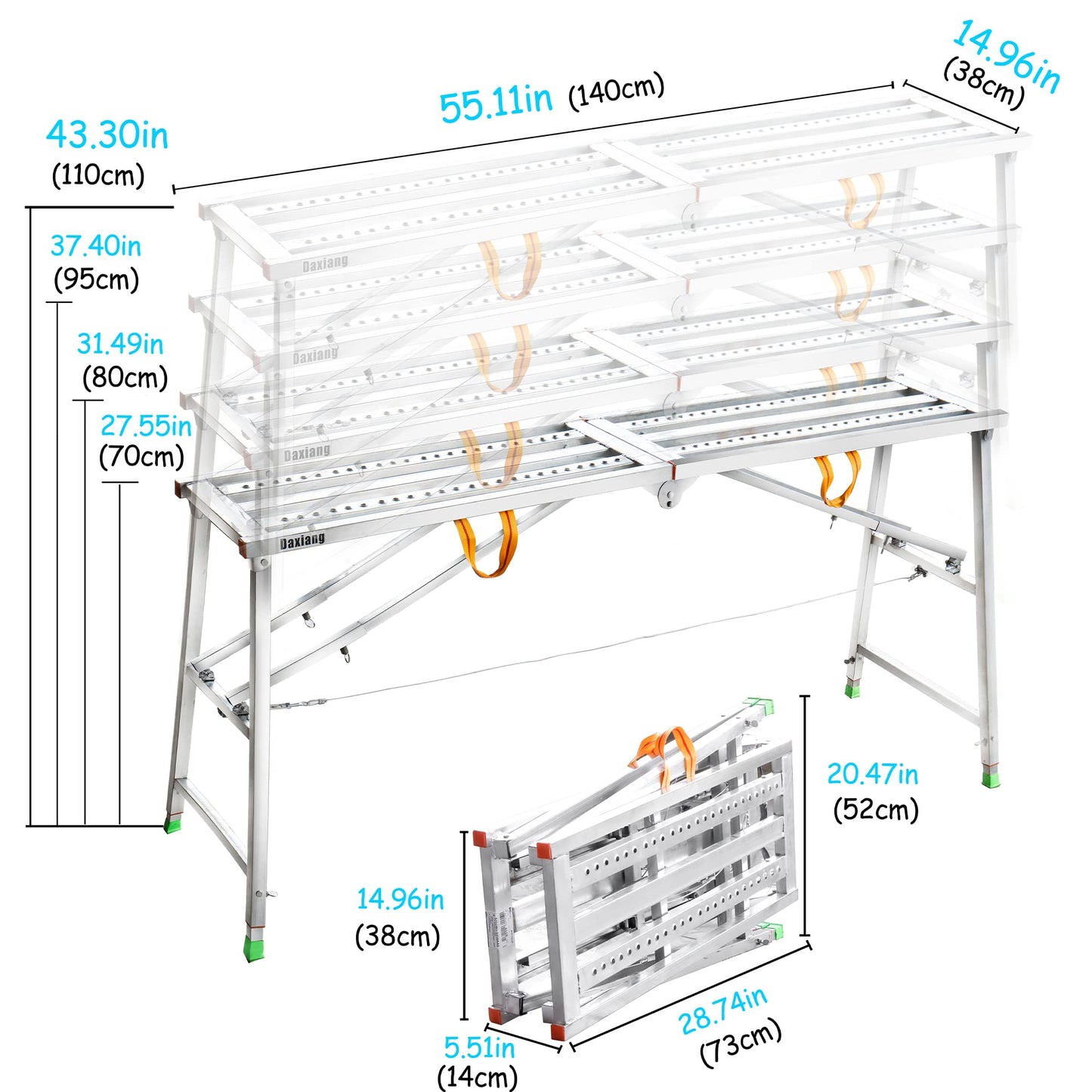 Daxiang Portable Scaffolding Platform 55(L) x15(W) x27-43(H)'' Work Platform Adjustable Height Steel 600 LBS Load Capacity Folding Step Ladder Drywall Painting Stool
