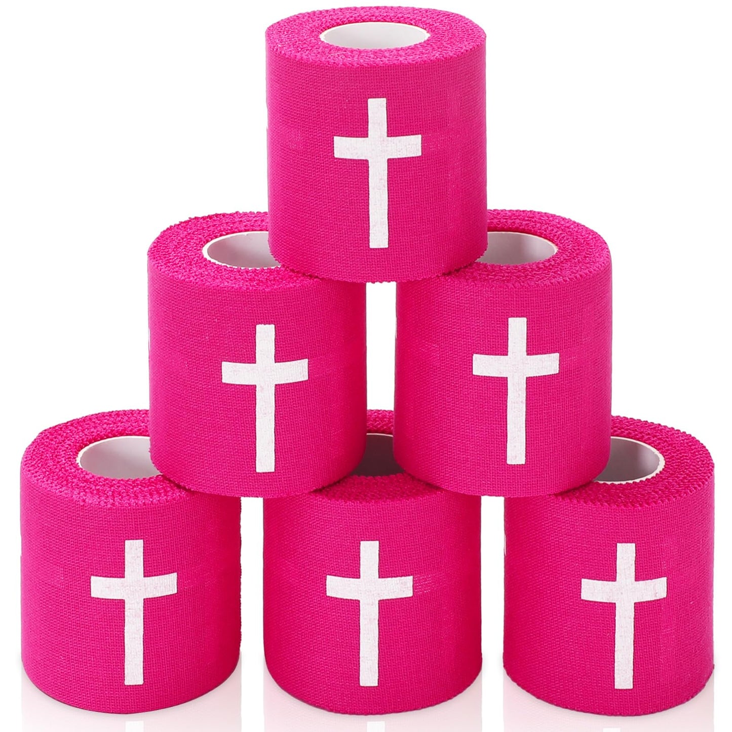 JarThenaAMCS 6 Rolls Christian Athletic Tapes Hot Pink Cross Sport Tapes First Aid Injury Wrap for Soccer Football Baseball Gymnastics Boxing Trainers Church Gifts, 2 Inch x 23 Ft