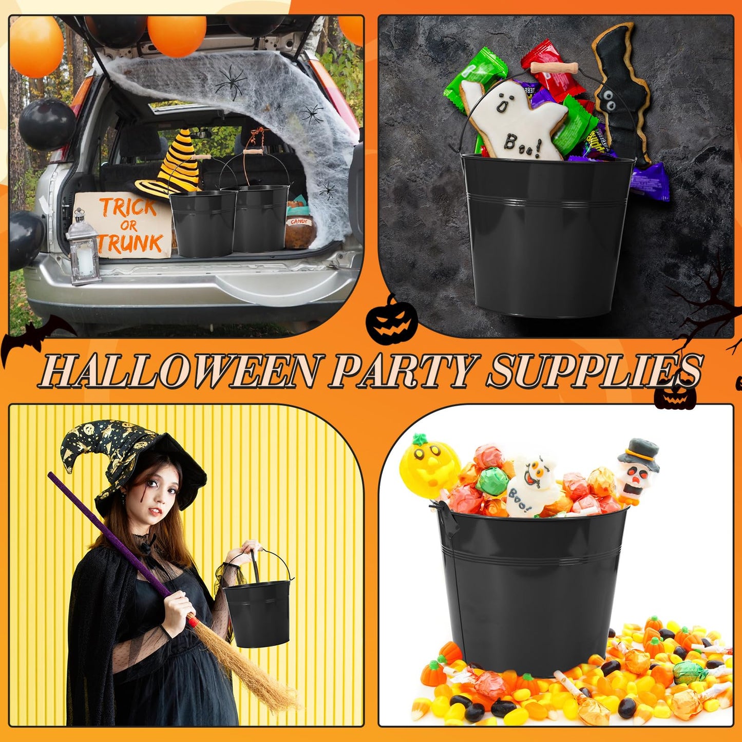Didaey 24 Pcs Large Galvanized Metal Buckets with Handle 10 Inch Heavy Duty Stainless Steel Pails Round Pail for Party Wedding, Crafts, Utensils, Table Centerpieces (Black)