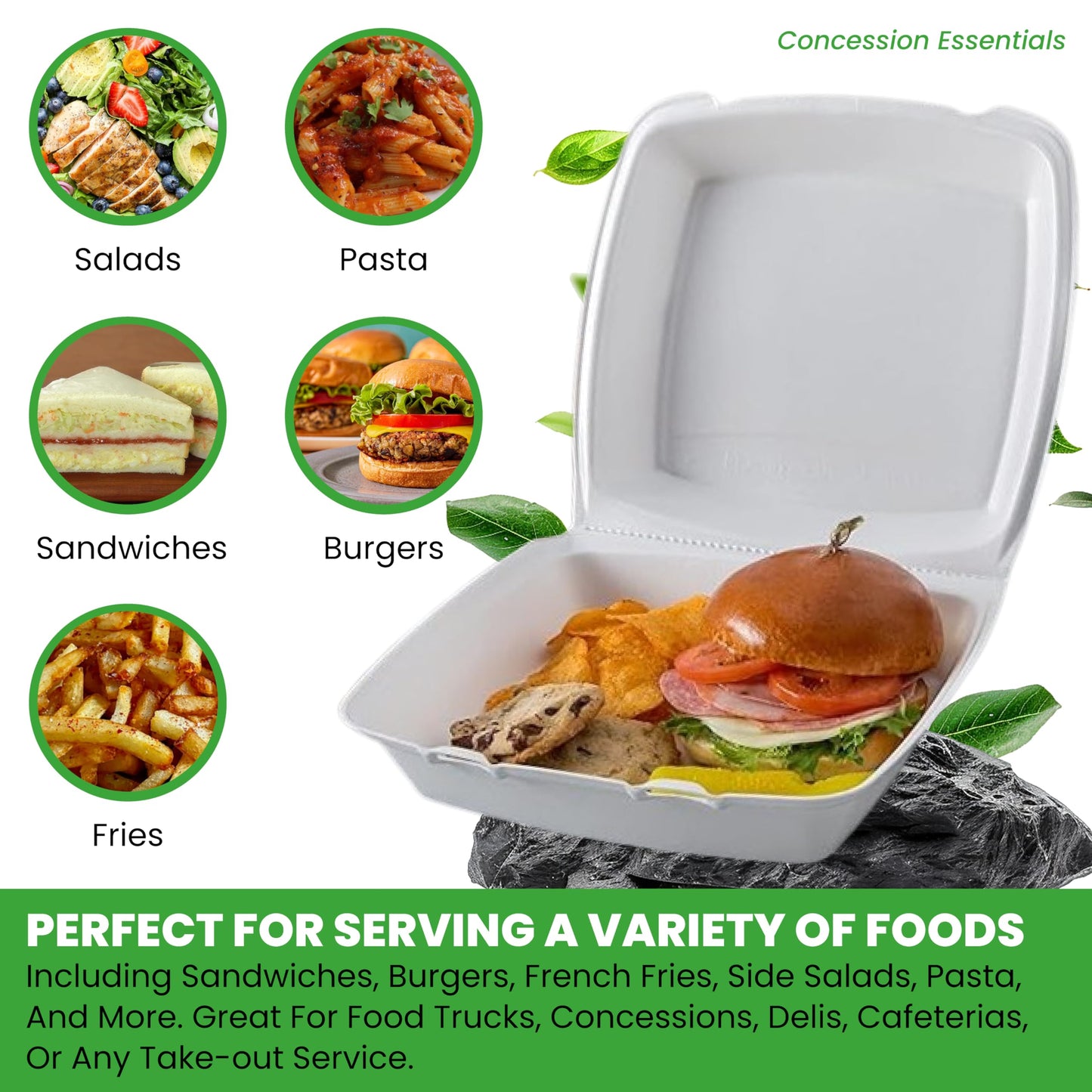Concession Essentials Pack of 30CT Choice Large 9 x 9 x 3.5 Inch Foam 1-Compartment Containers, White, Hinged, with Optional Venting, Polystyrene, 9"L x 9"W x 3.5"H