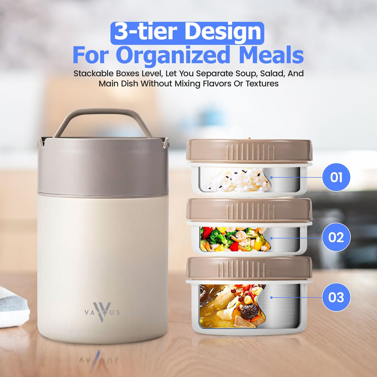 VAYOUS 60oz Insulated Food Jar with Phone Holder Lid –Stainless Steel Lunch box with 3 Compartments – Leak-Proof, Thermal Bento for Adults, Keeps Meals Hot or Cold for Hours