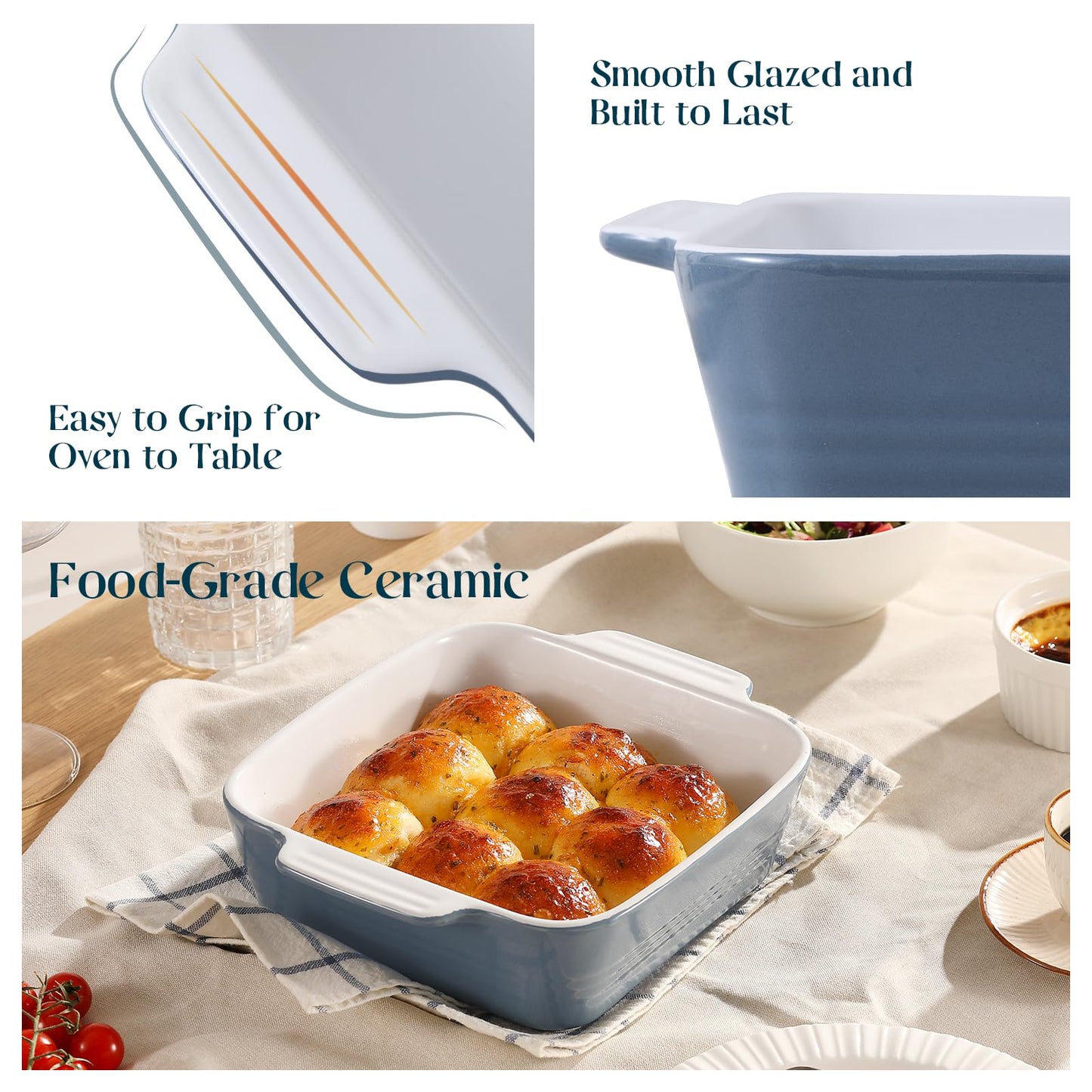 DOWAN 8x8 Baking dish, Square Baking Pan, Ceramic Casserole Dishes for Oven, Cake Pan with Handle, for Brownie, Lasagna, Casserole, 2 Quart, Home Gift, Airy Blue