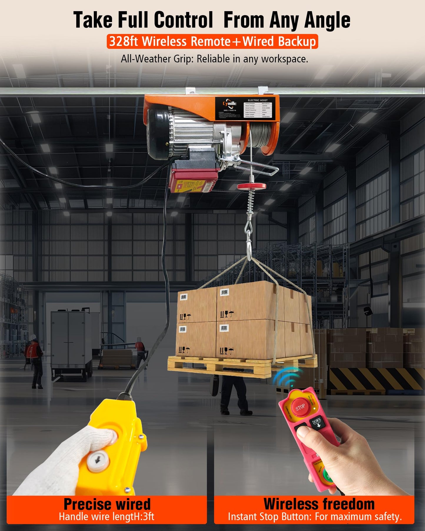1320 lbs Electric Portable Hoist with Wireless/Wired Remote Control, Electric Hoist 110V, 16ft/33 ft/min Fast Lifting, 65.6 ft Height for Garage, Attic, Warehouse, Factory, Construction Site