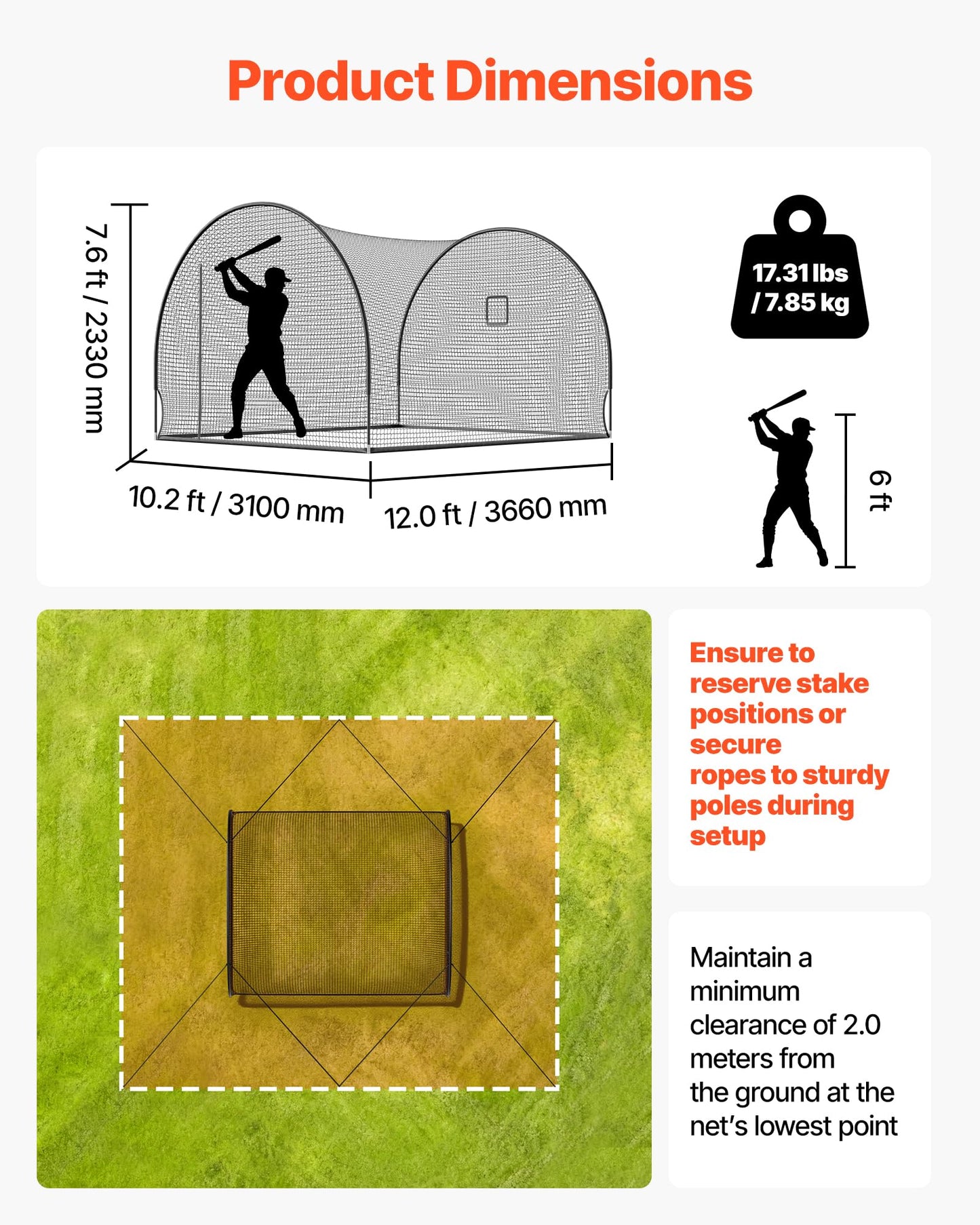 VEVOR Baseball Batting Cage, 12.0 x 10.2 x 7.6 FT Freestanding Portable Batting Cage, Hitting Cages with 4-Ply Knotless Polyester & Pitching Machine Opening, Battings Cages Netting for Outdoor