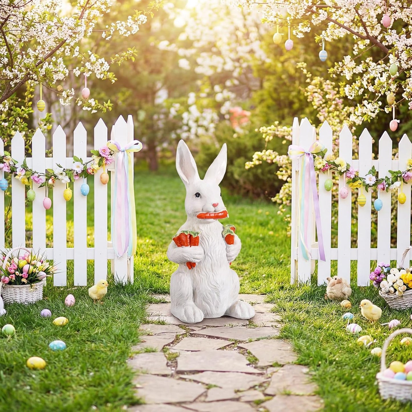 Yookeer Bunny Sculpture - 13 Inch Spring Resin Rabbit Figurine with Carrot | Easter Home Decor