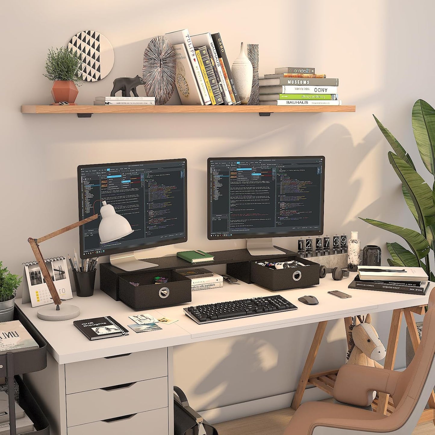 2 WESTREE Dual Monitor Stand Riser with Two Drawers, Extra Large Storage Monitor Stand for Monitors, Desktop Oraganizer
